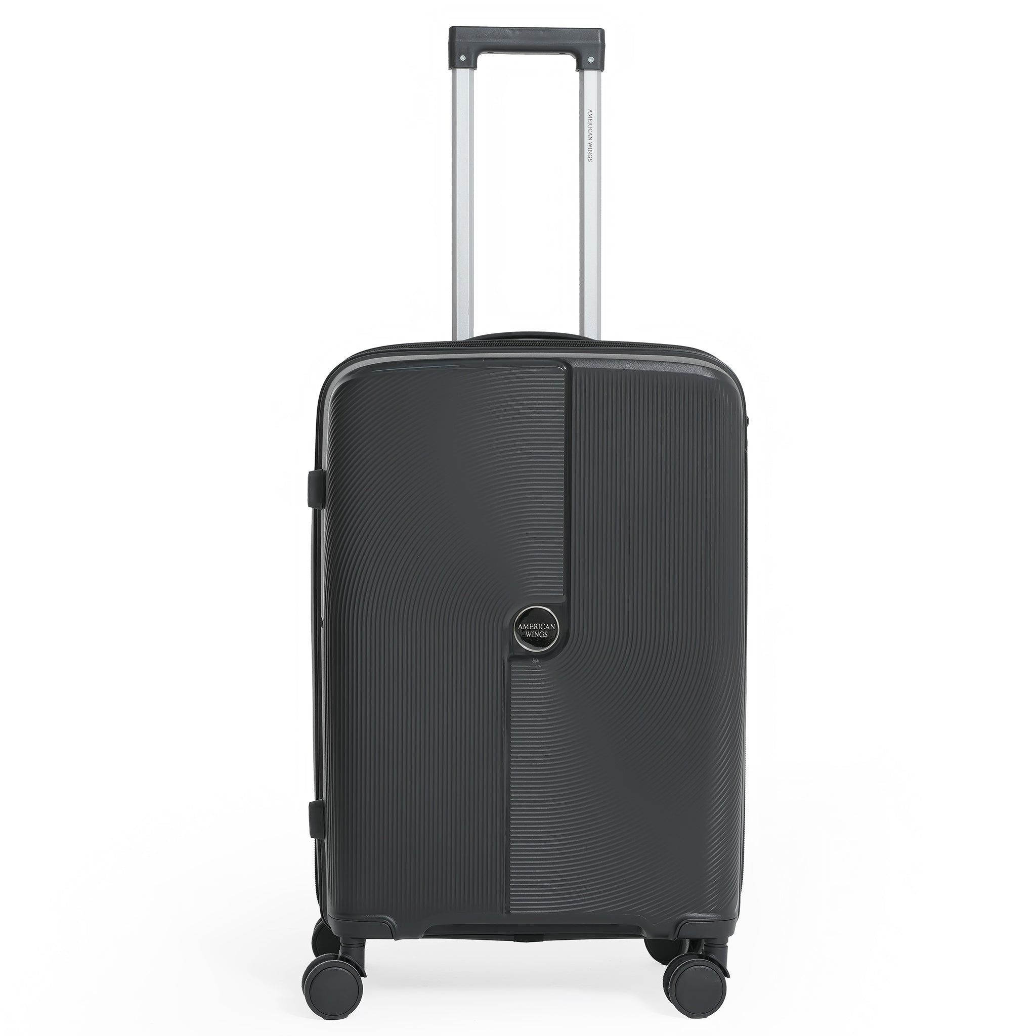 Black suitcase with a visible brand logo on a white background