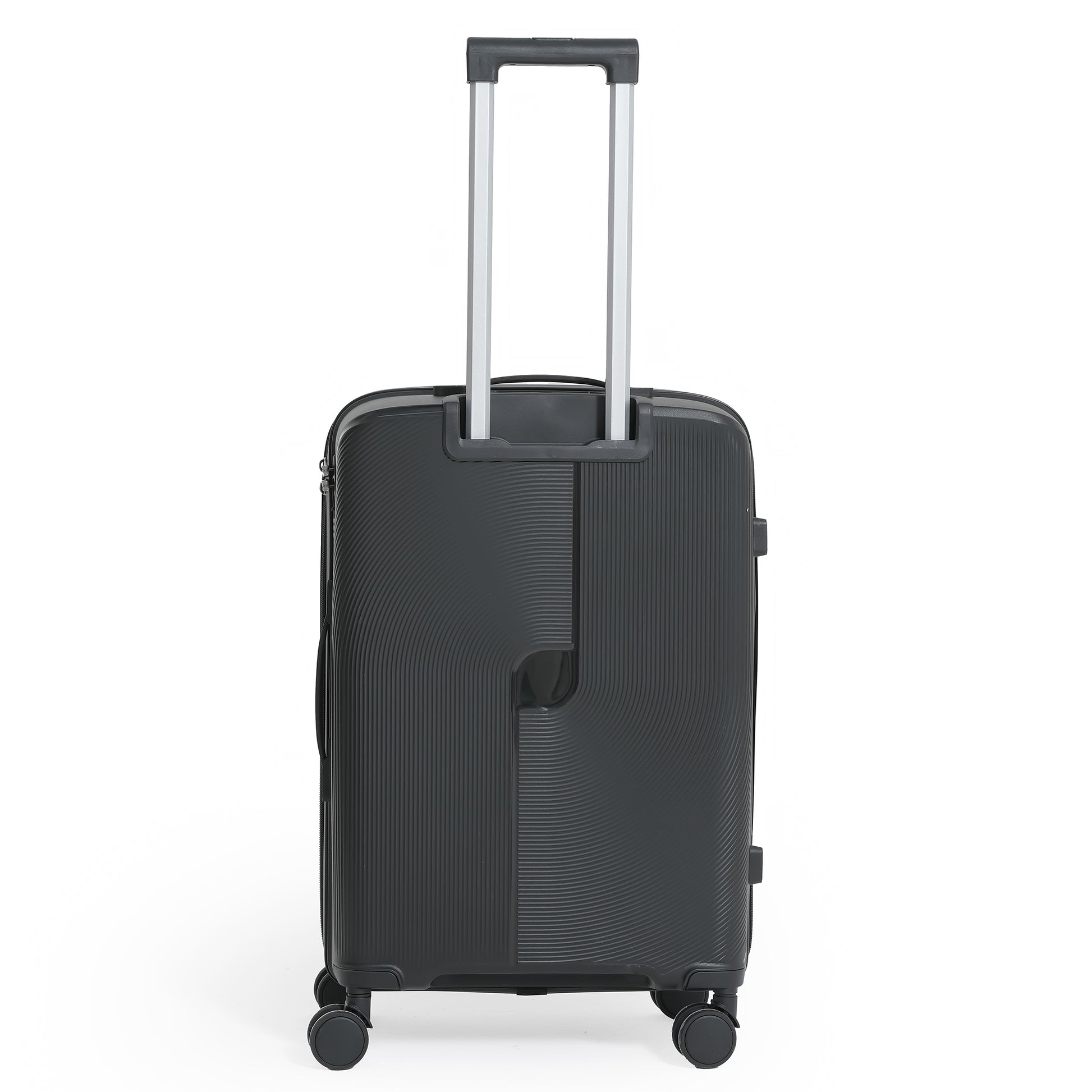 Black suitcase with wheels and a handle on a white background