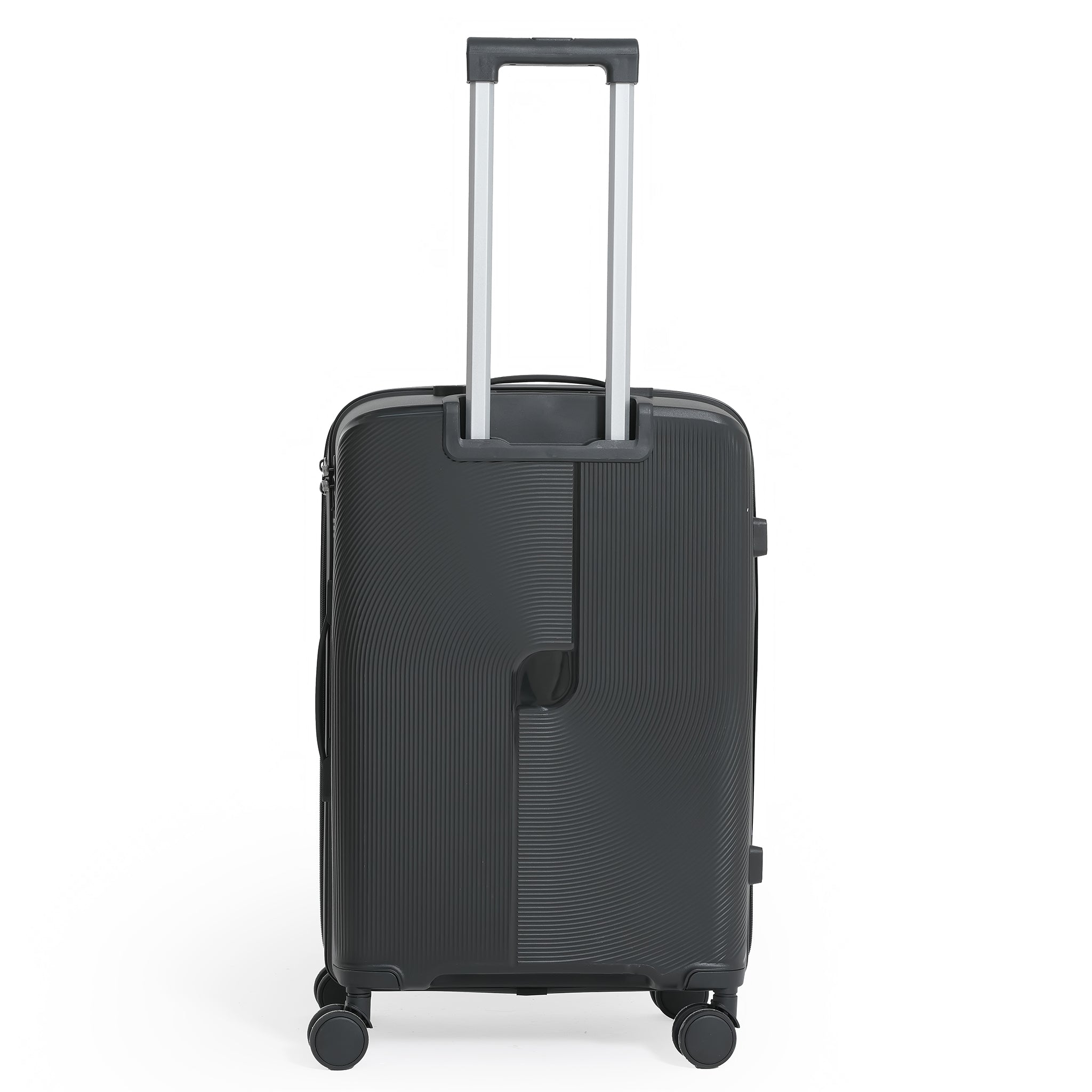 Black suitcase with wheels and a handle on a white background