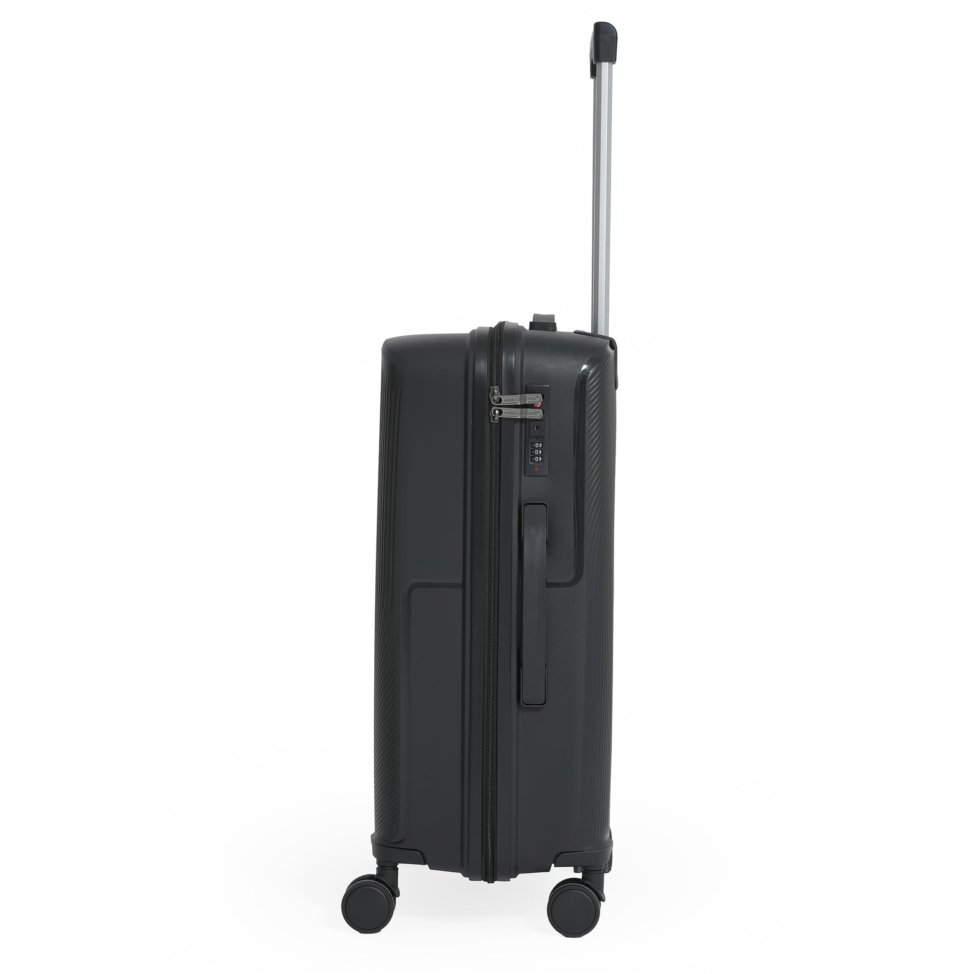 Black suitcase with wheels and a handle on a white background