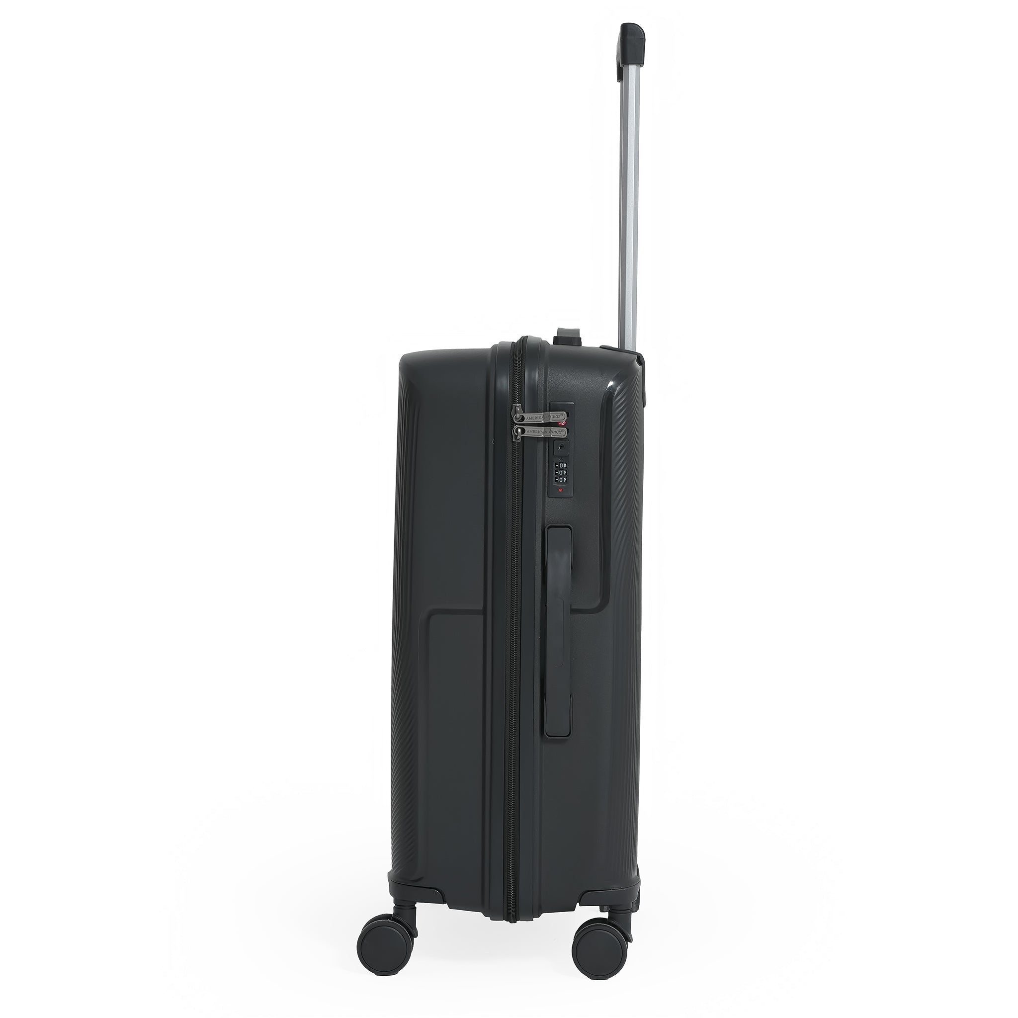 Black suitcase with wheels and a handle on a white background