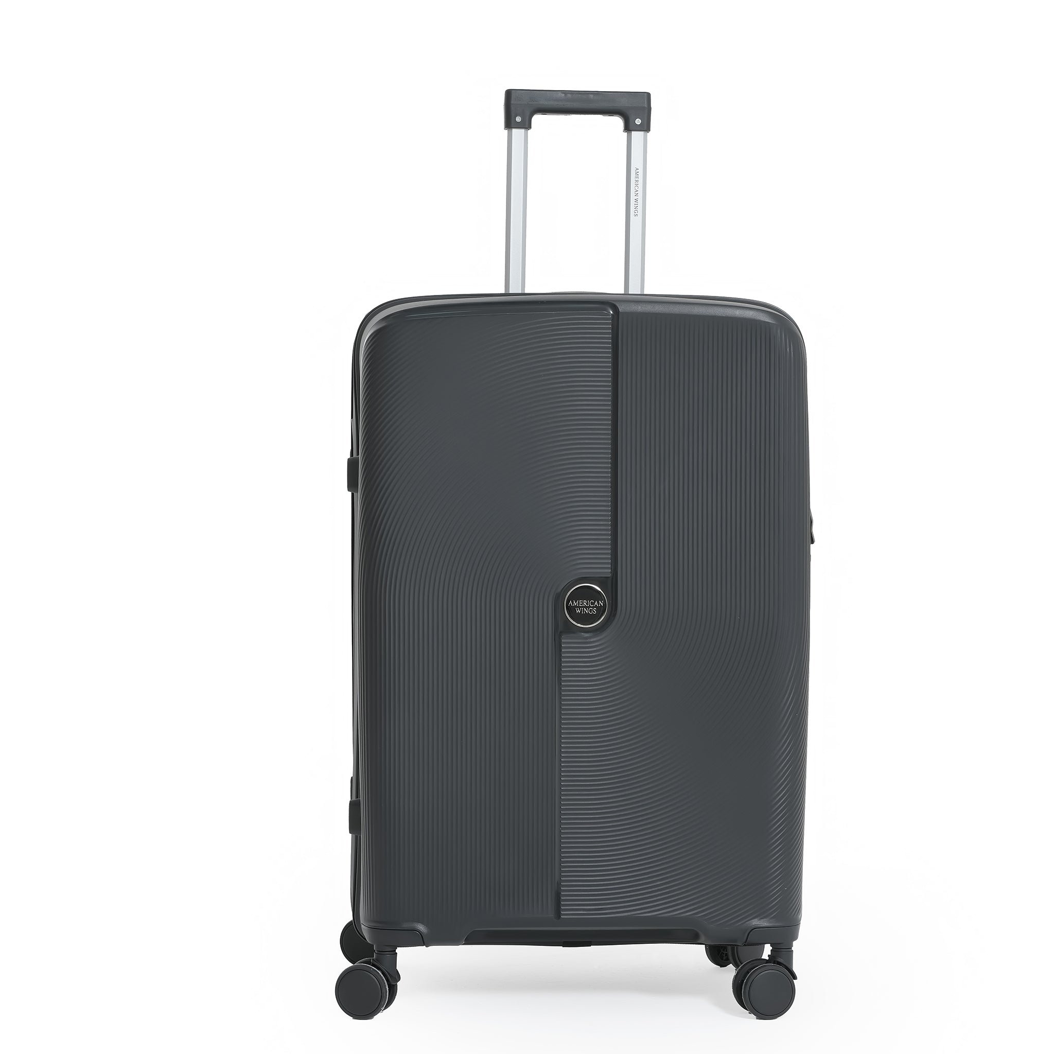Black suitcase with a handle on a white background
