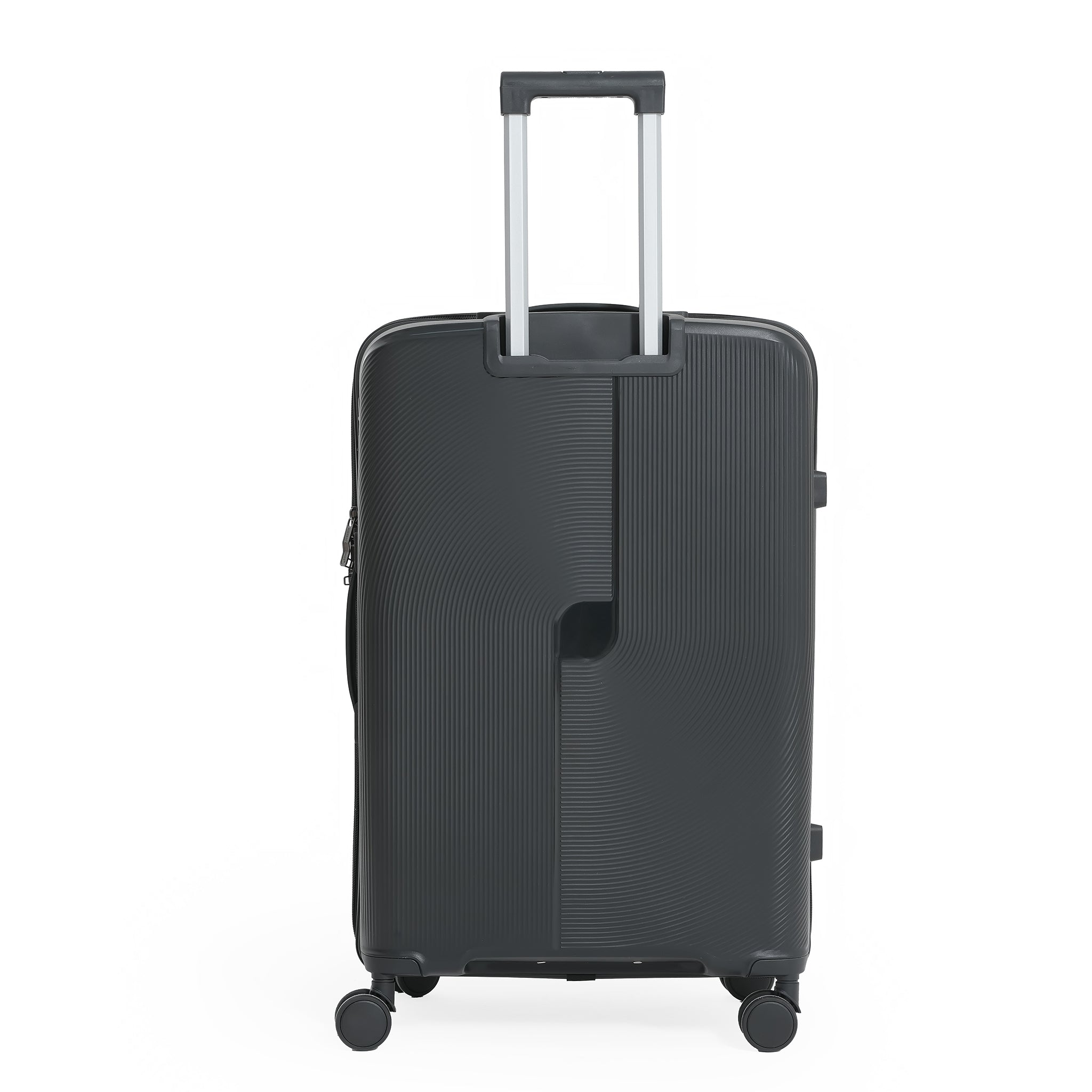 Black suitcase with wheels on a white background