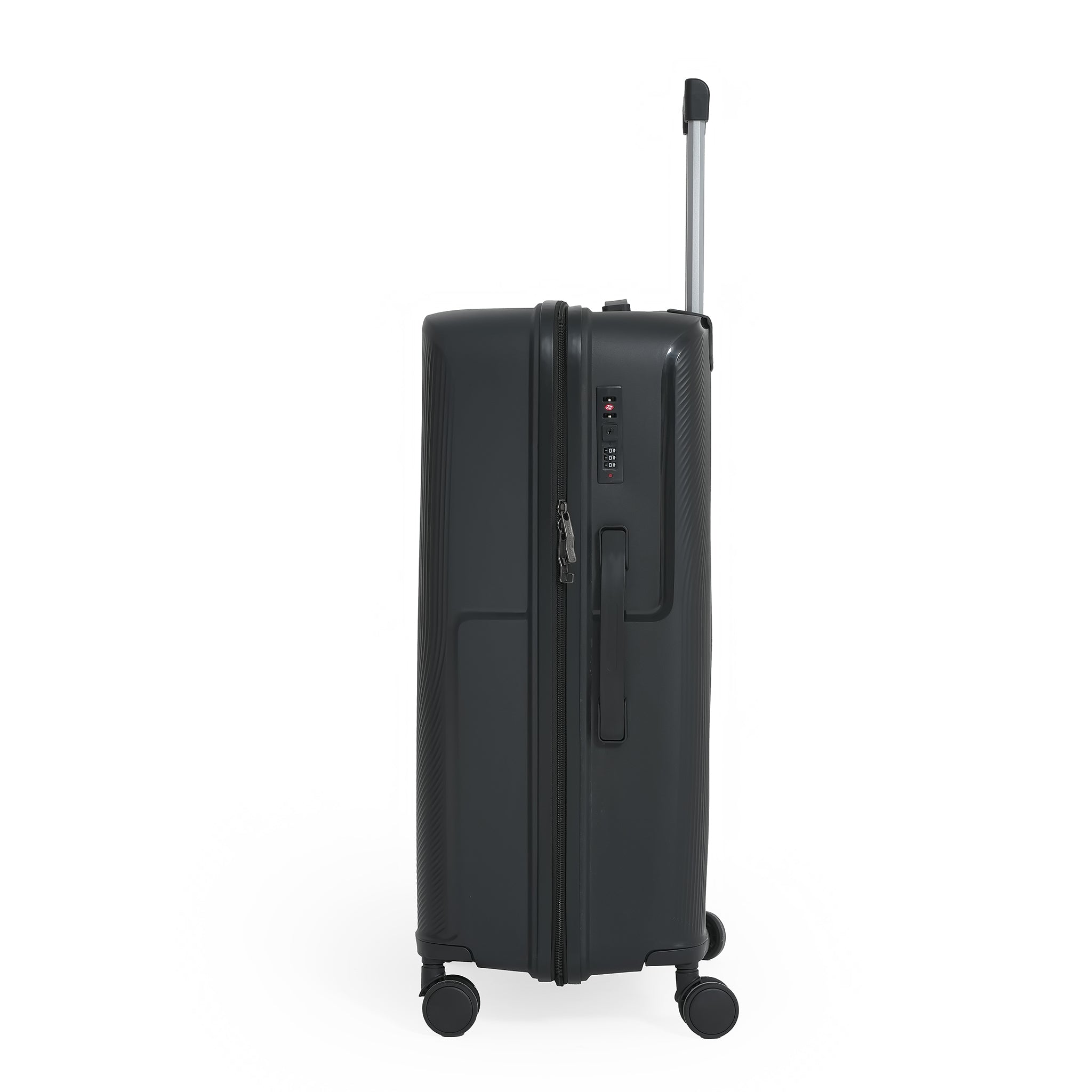 Black suitcase with wheels and handle on a white background