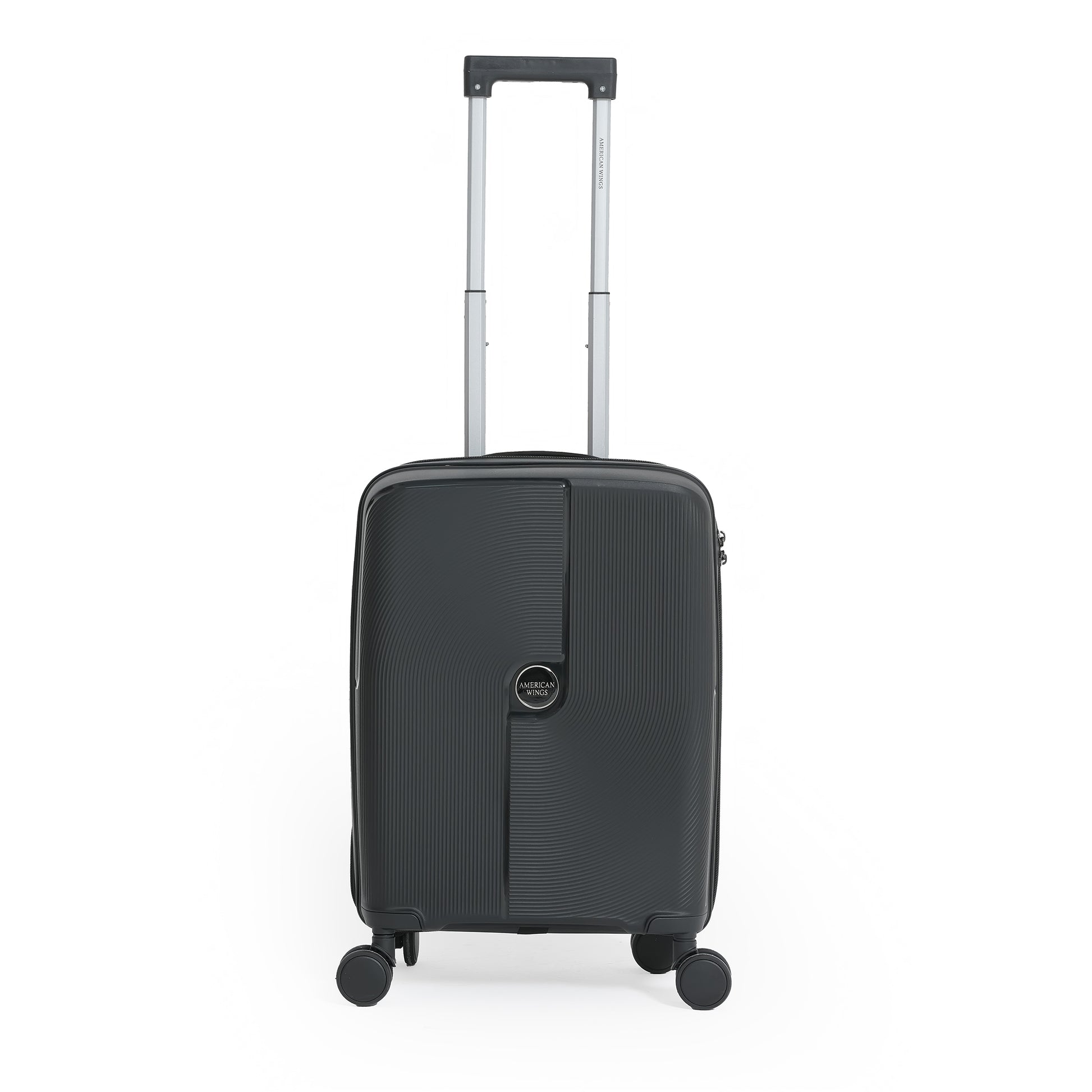 Black suitcase with a visible brand logo on a white background