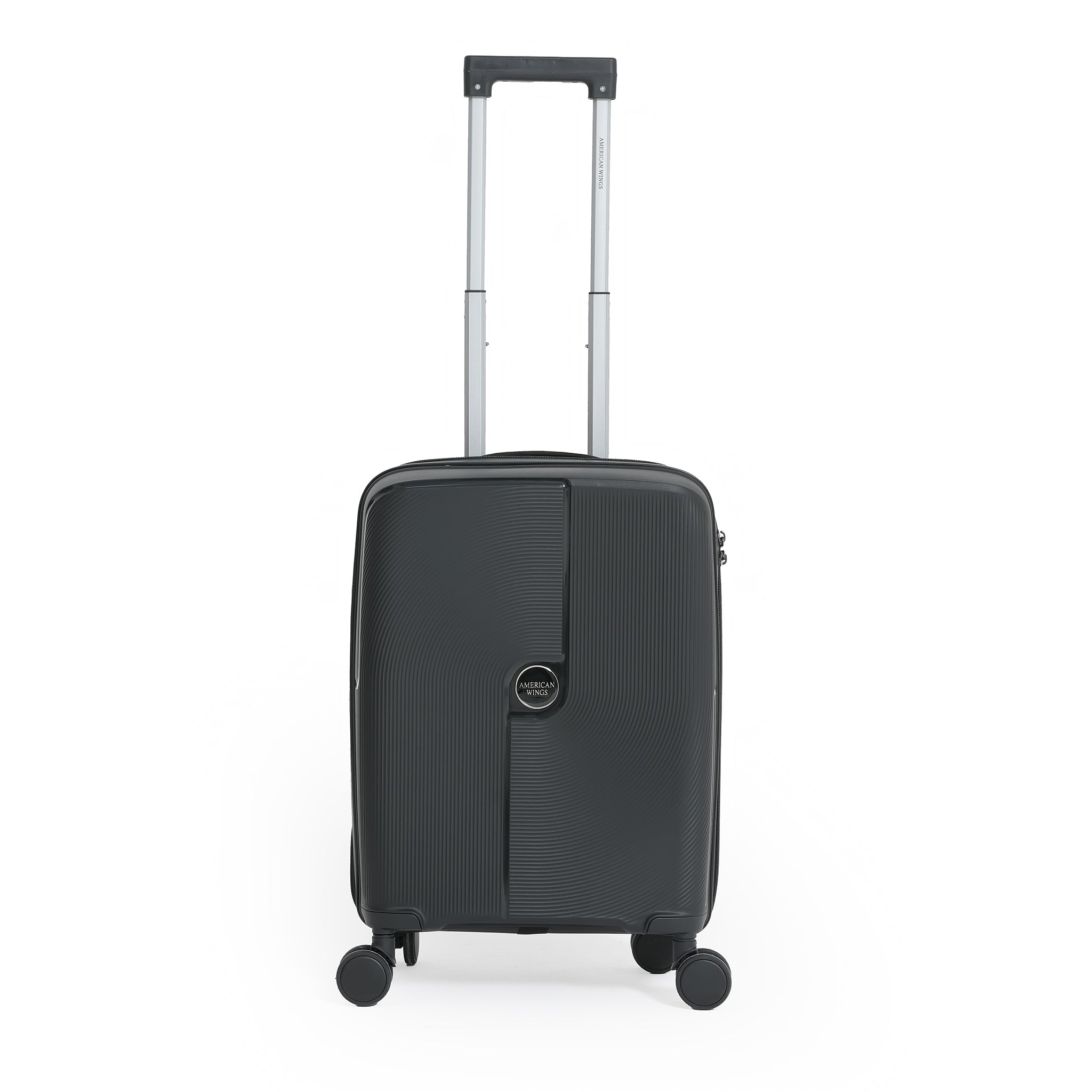 Black suitcase with a visible brand logo on a white background