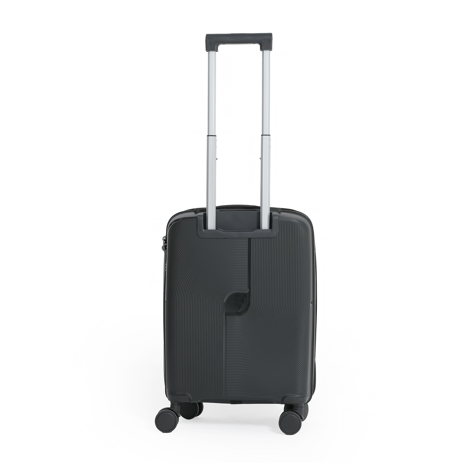 Black suitcase with wheels and a handle on a white background