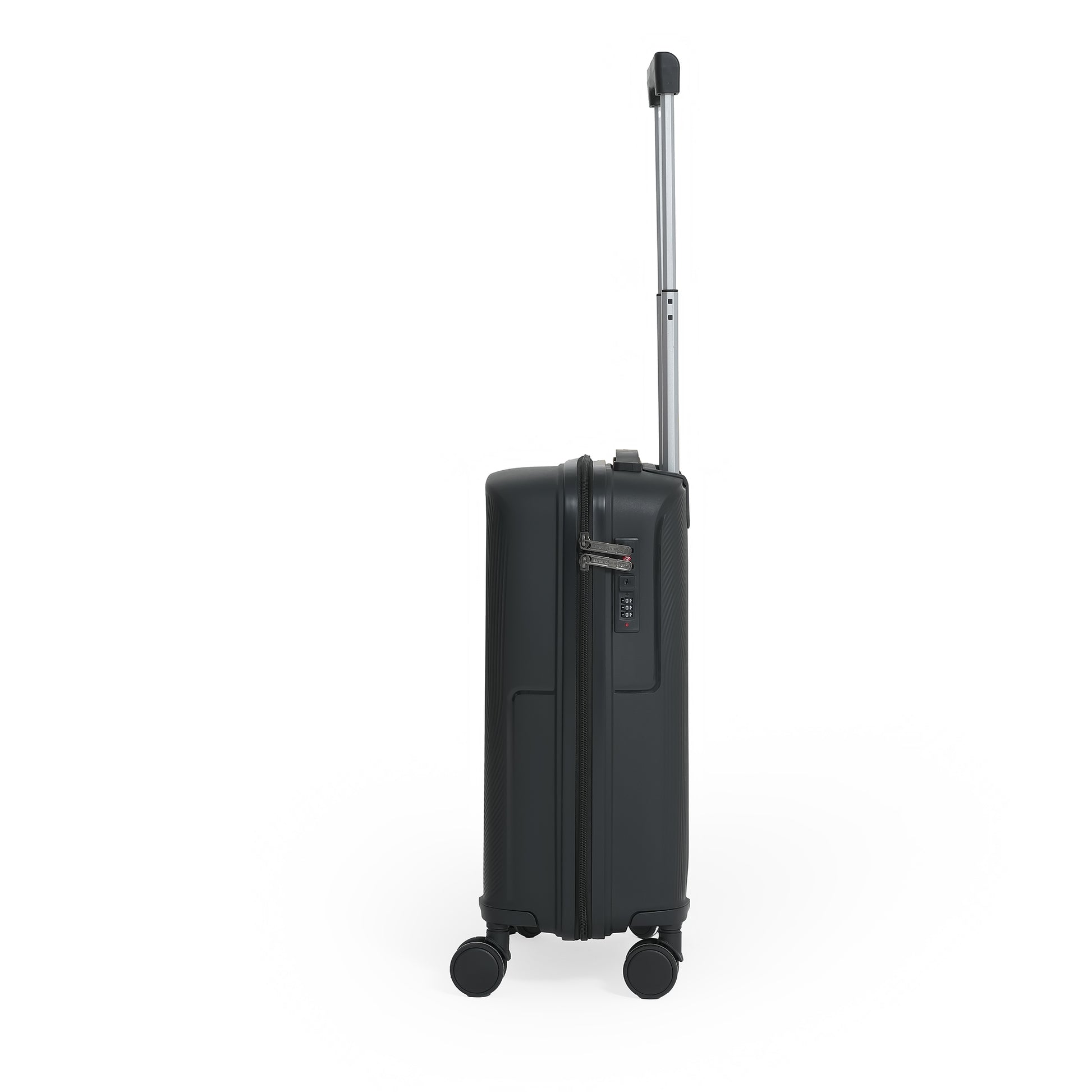 Black suitcase with wheels on a white background