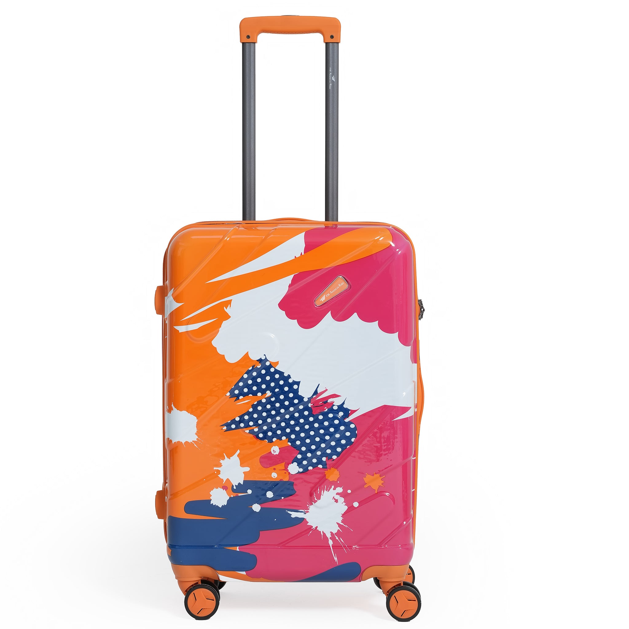 Colorful suitcase with abstract design on a white background