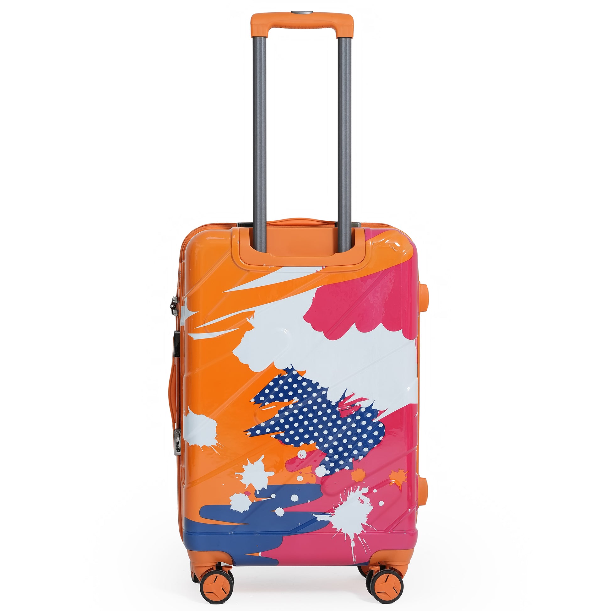 Colorful suitcase with abstract design on a white background