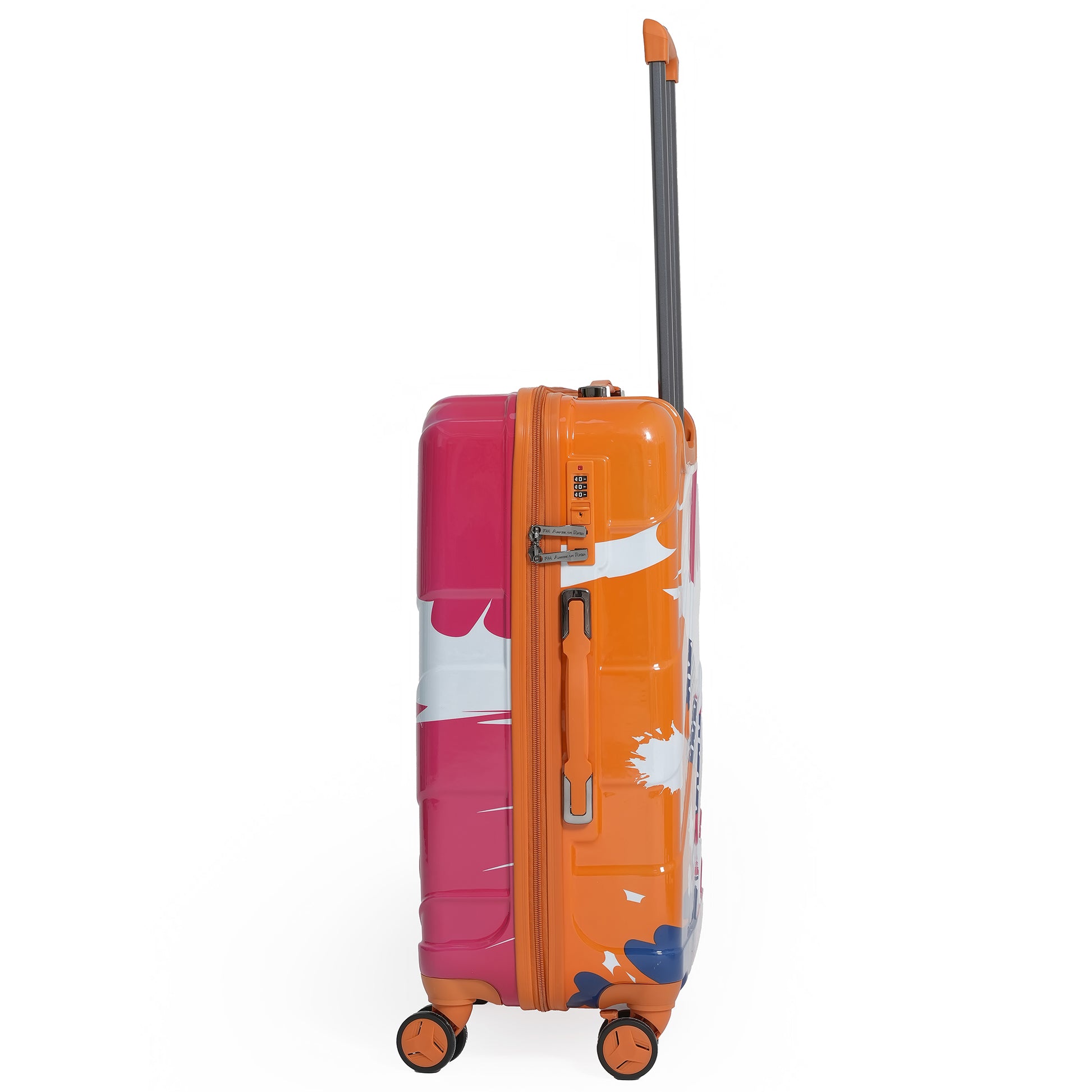 Colorful suitcase with floral pattern on a white background