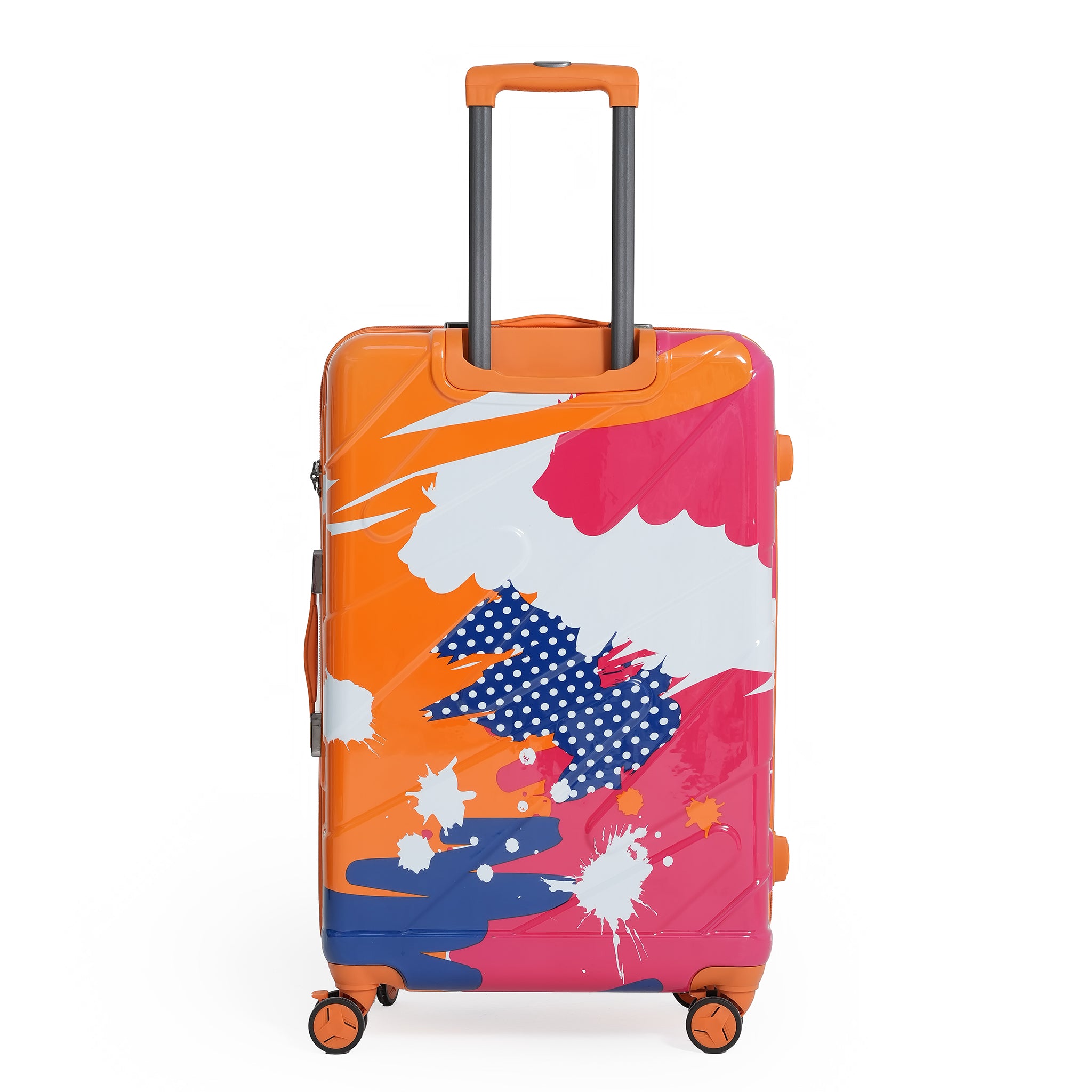 Colorful suitcase with abstract design on a white background