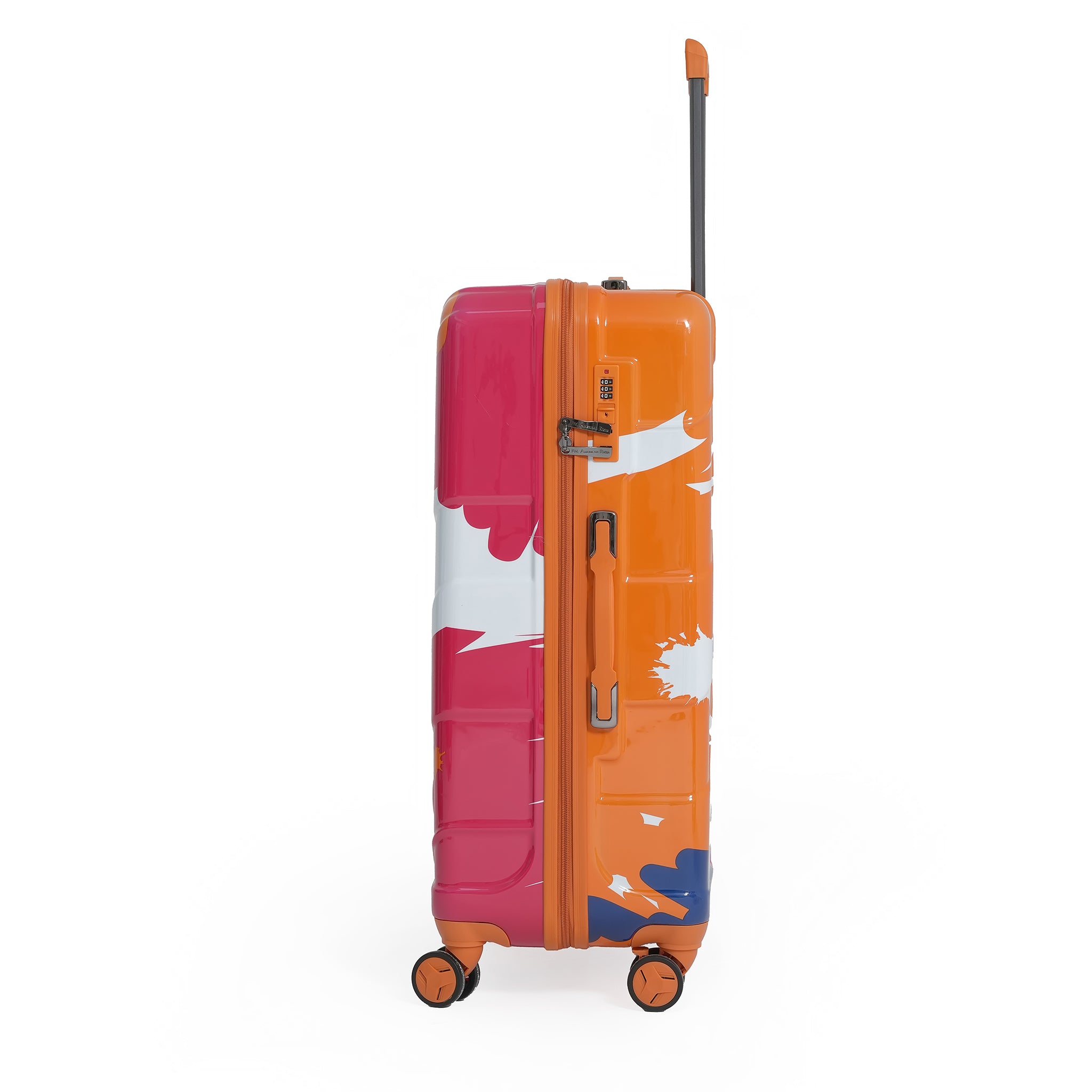 Colorful suitcase with floral design on a white background