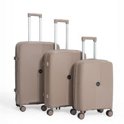 Set of three beige suitcases with wheels on a white background