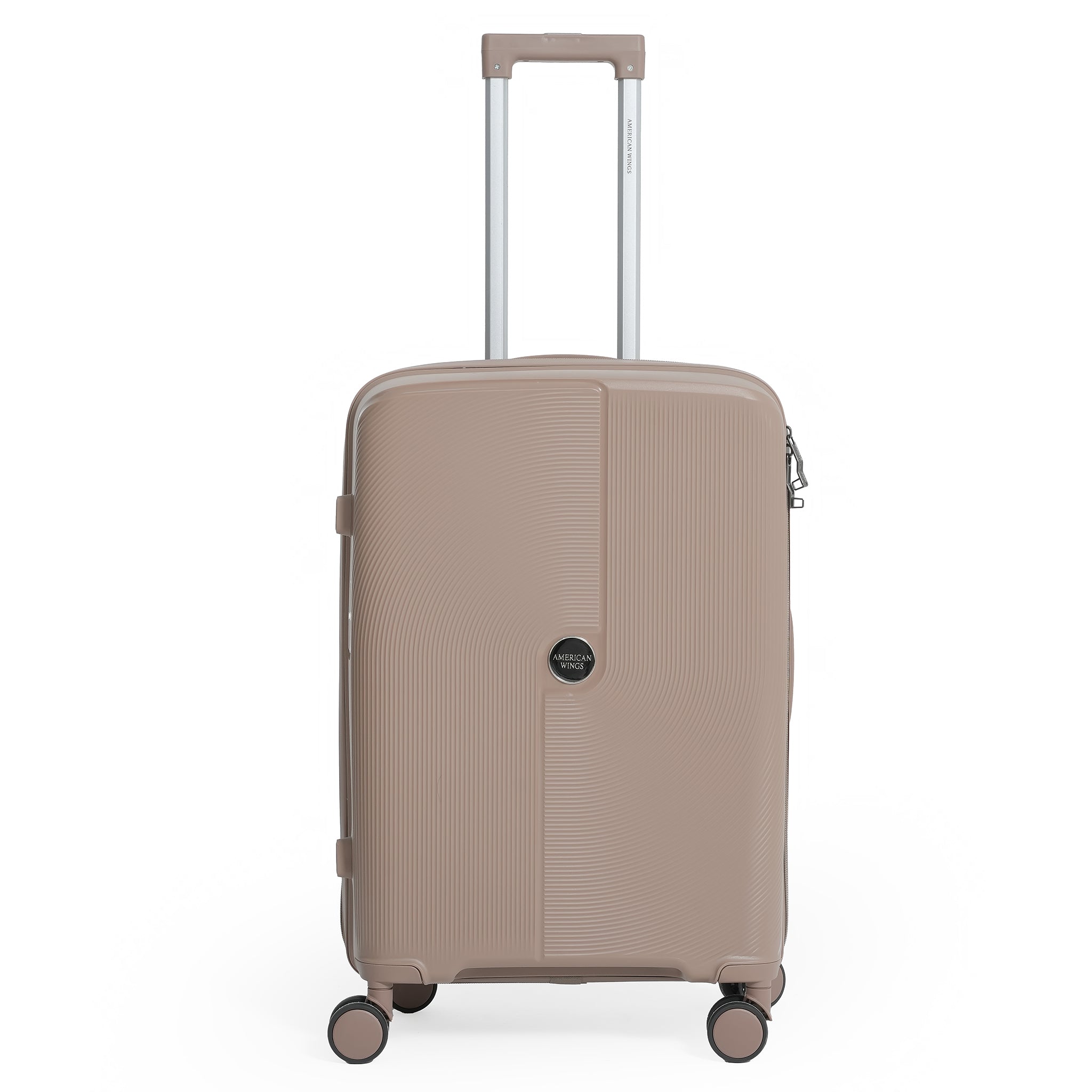 Beige suitcase with a visible brand logo on a white background