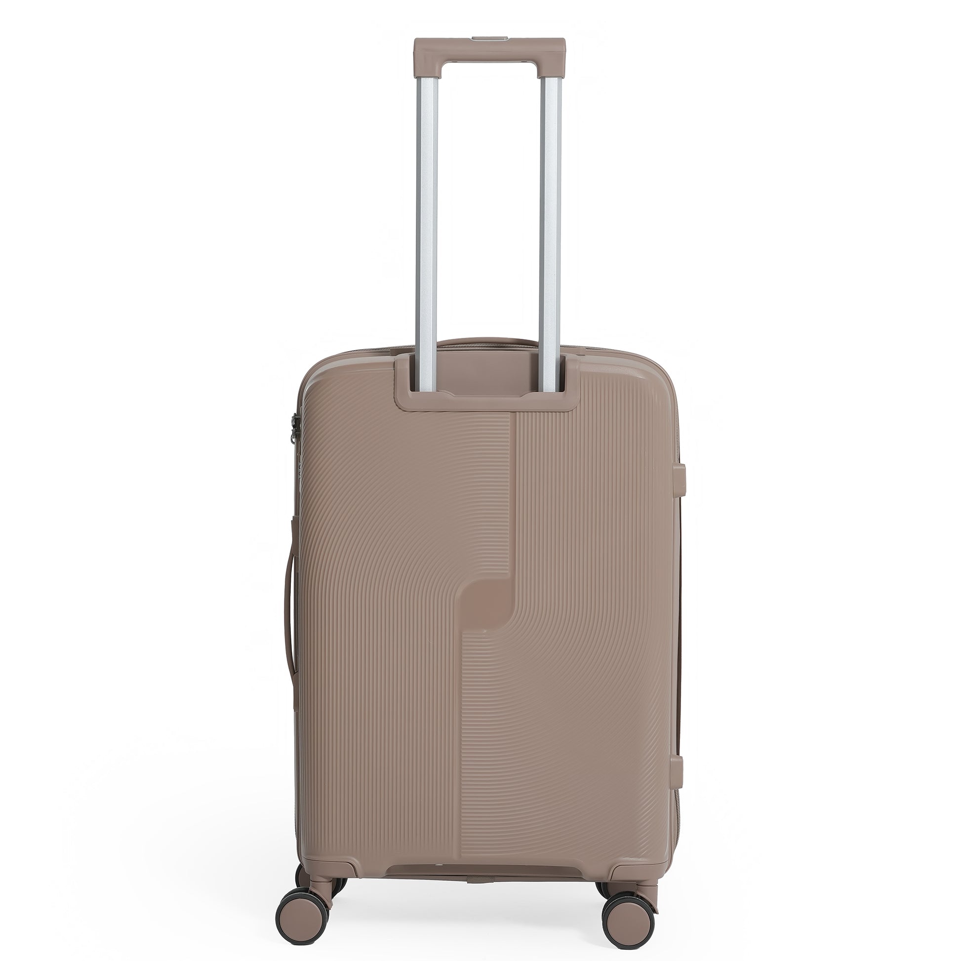 Beige suitcase with a visible brand logo on a white background