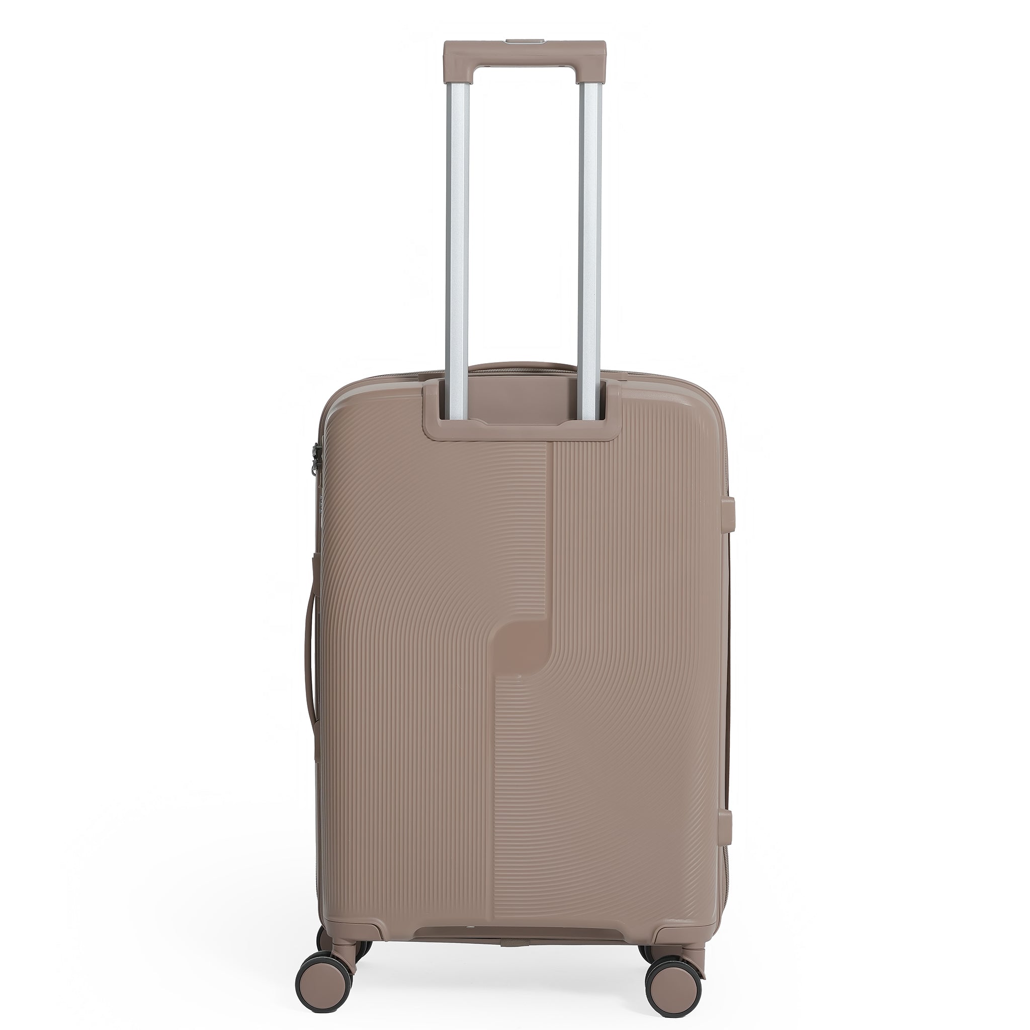 Beige suitcase with a visible brand logo on a white background