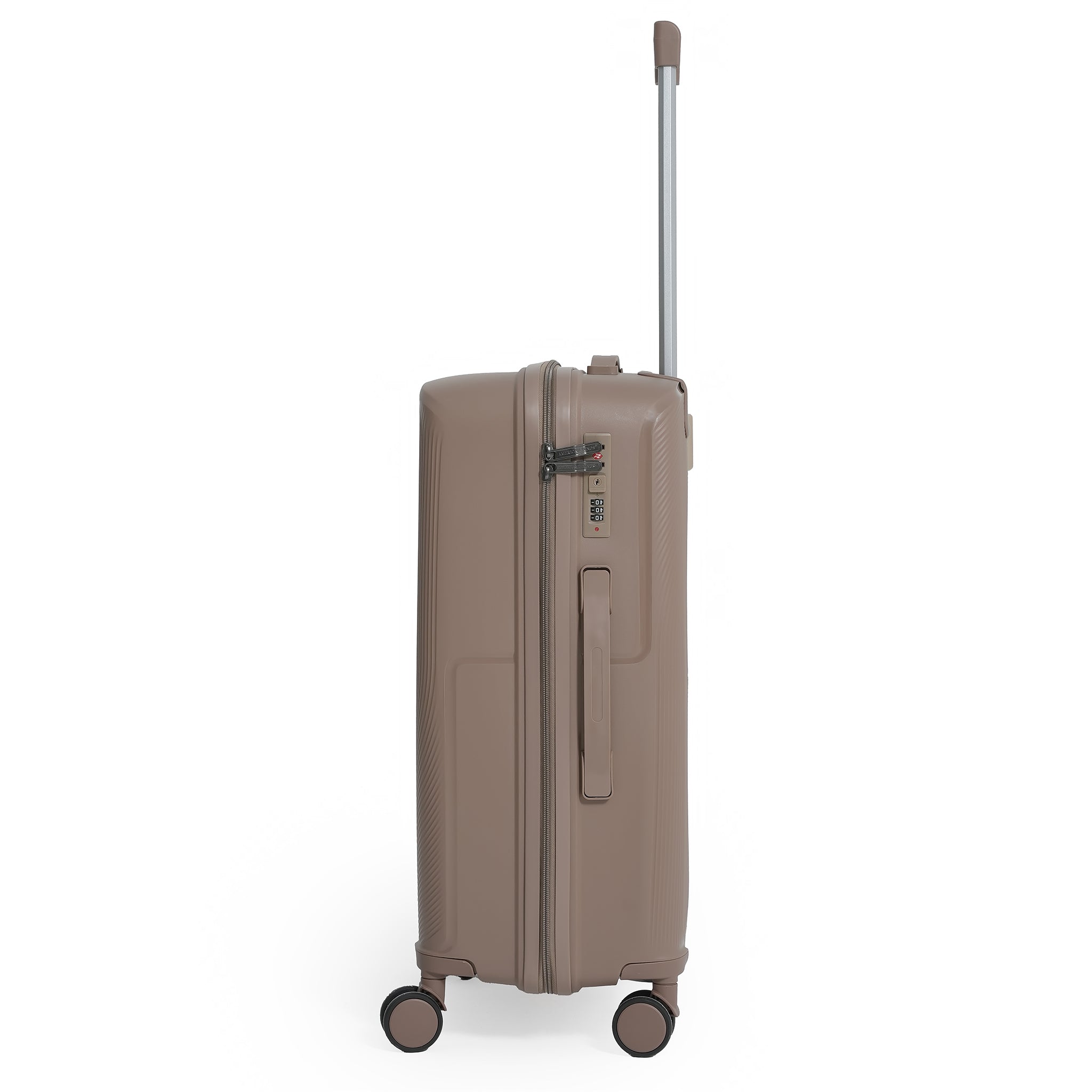 Beige suitcase with wheels and handle on a white background
