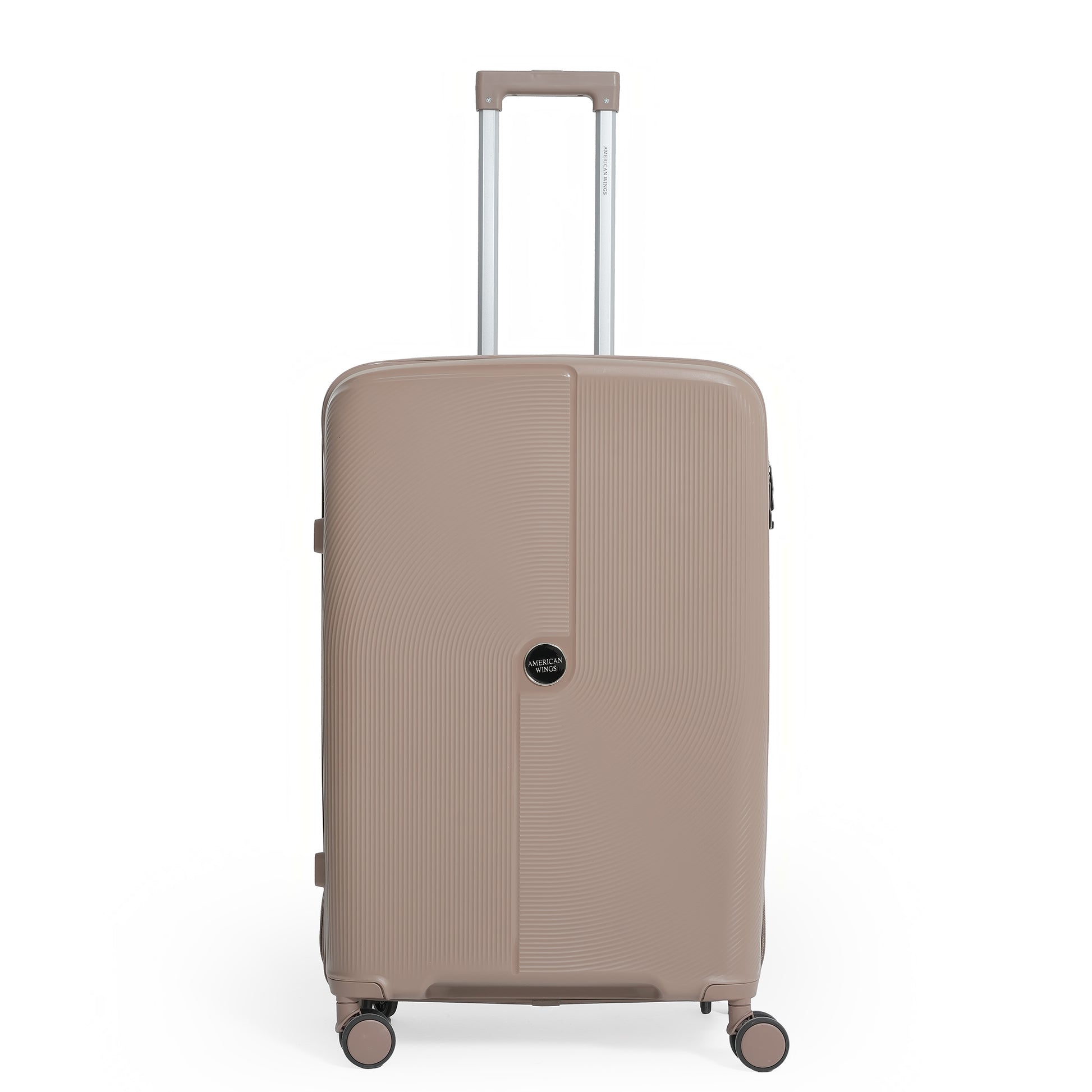 Beige suitcase with a visible brand logo on a white background