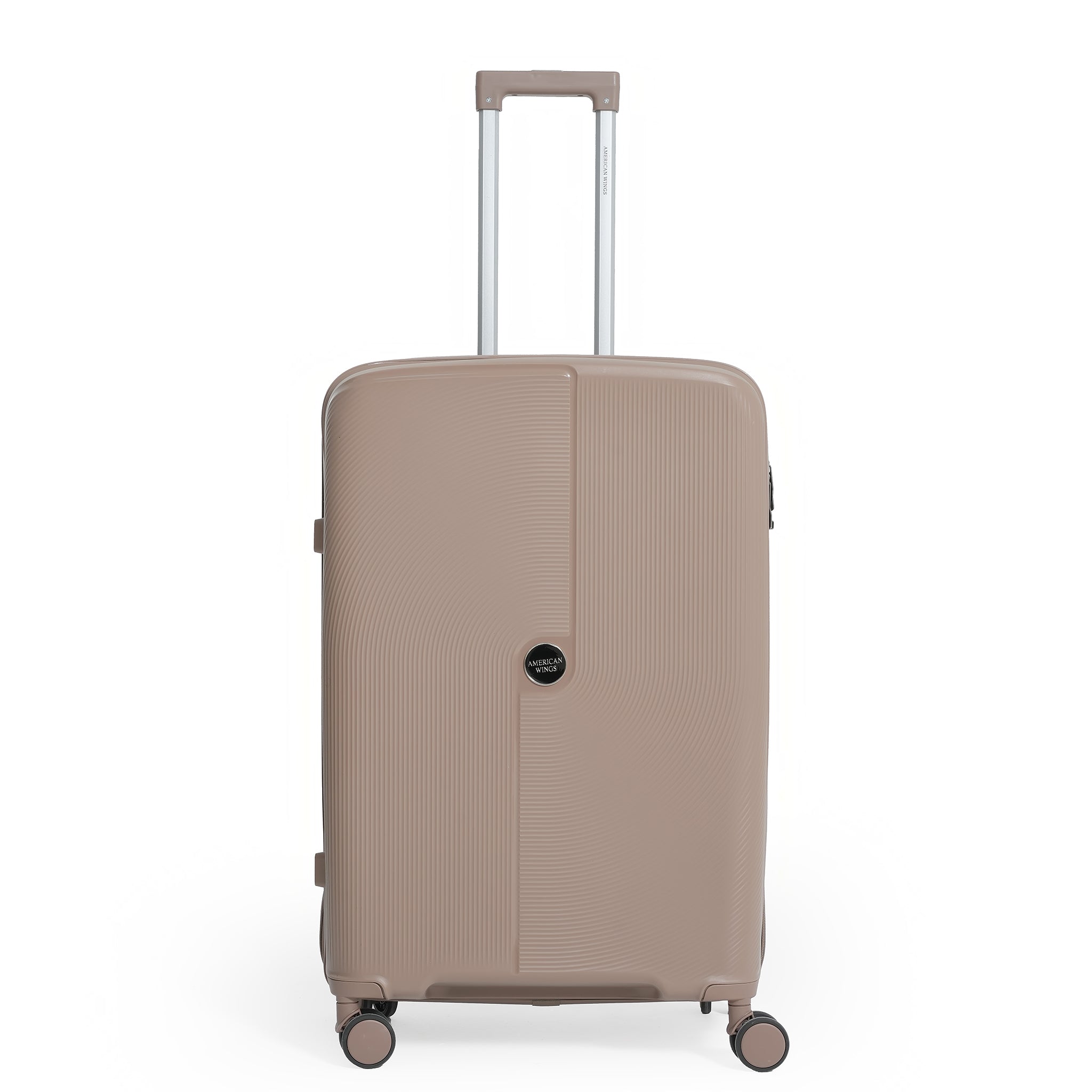 Beige suitcase with a visible brand logo on a white background