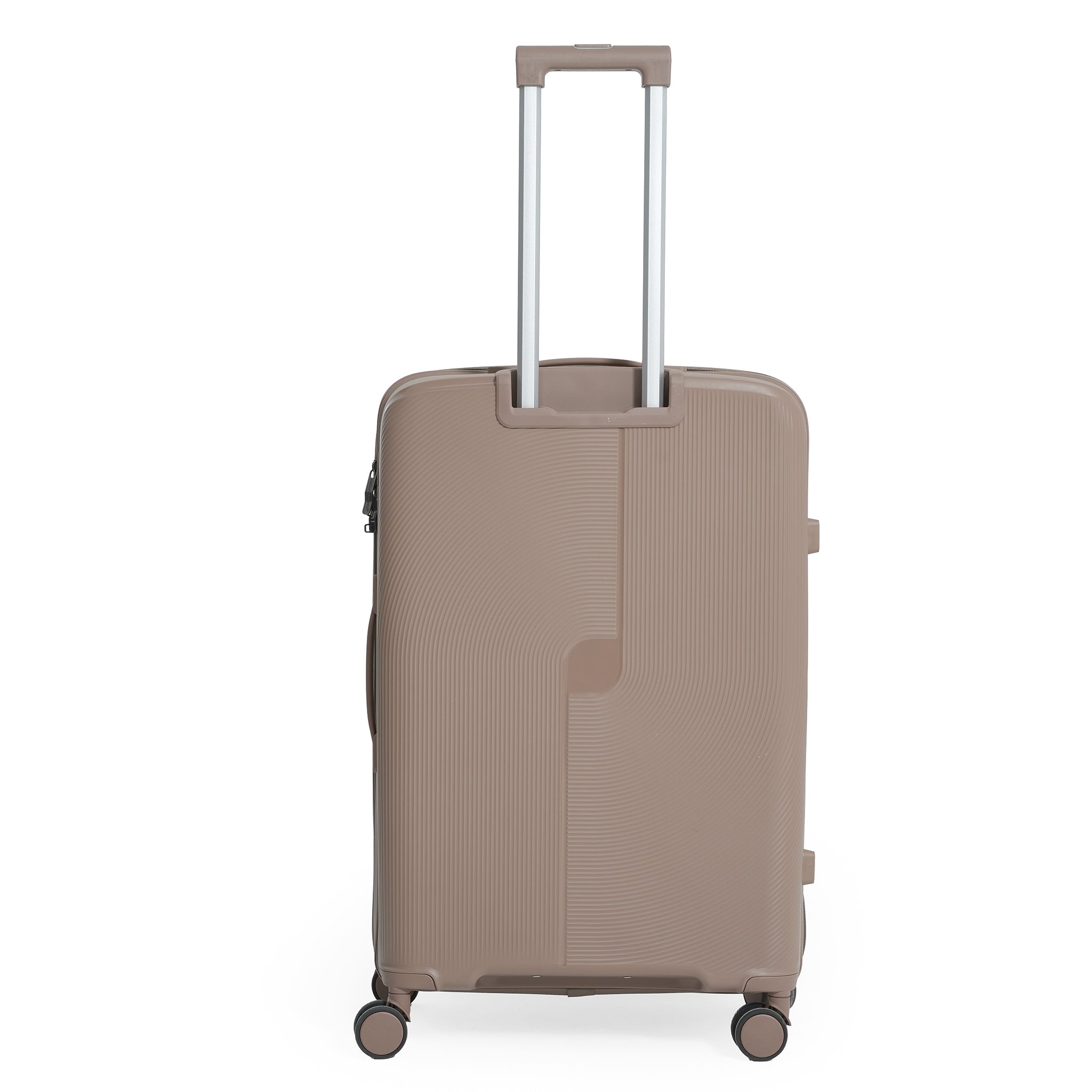 Beige suitcase with a visible brand logo on a white background