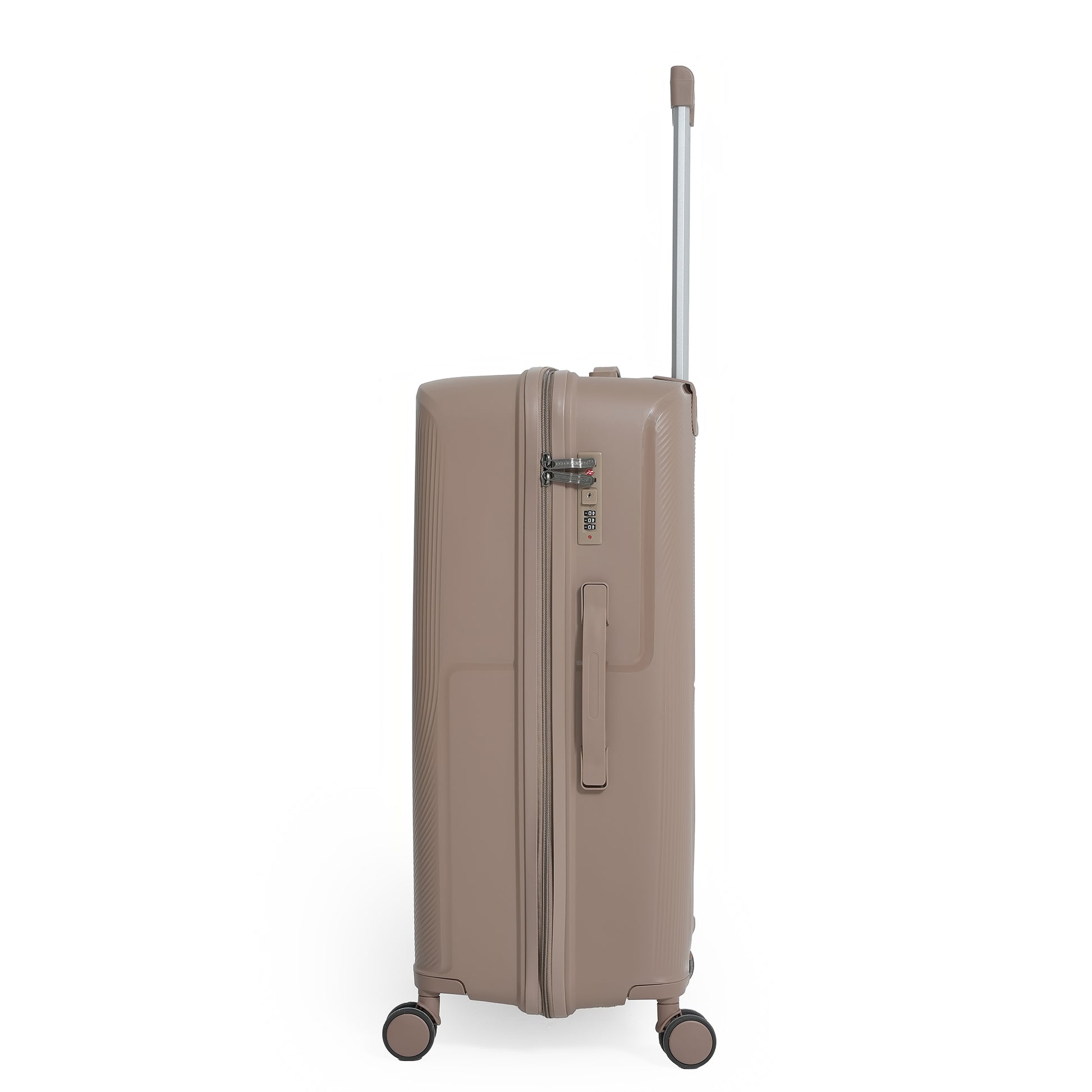 Beige suitcase with a handle and wheels on a white background
