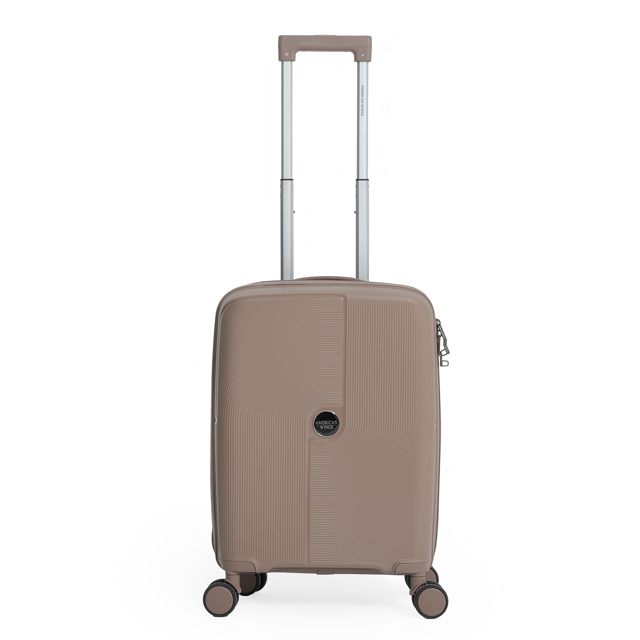 Beige suitcase with a visible brand logo on a white background