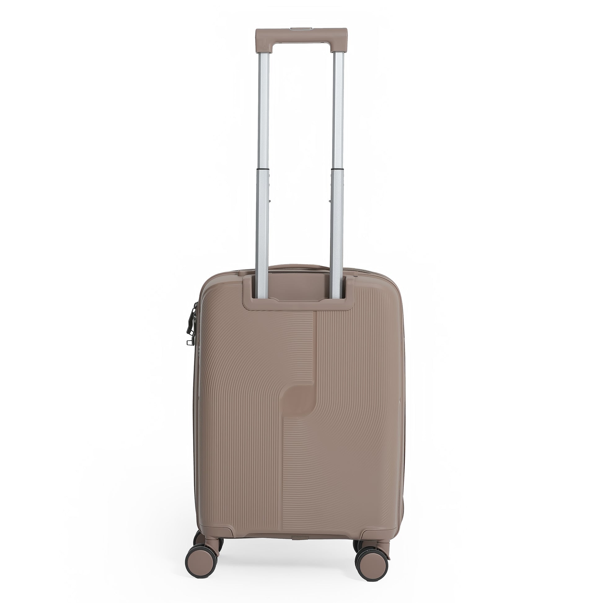 Beige suitcase with a handle on a white background