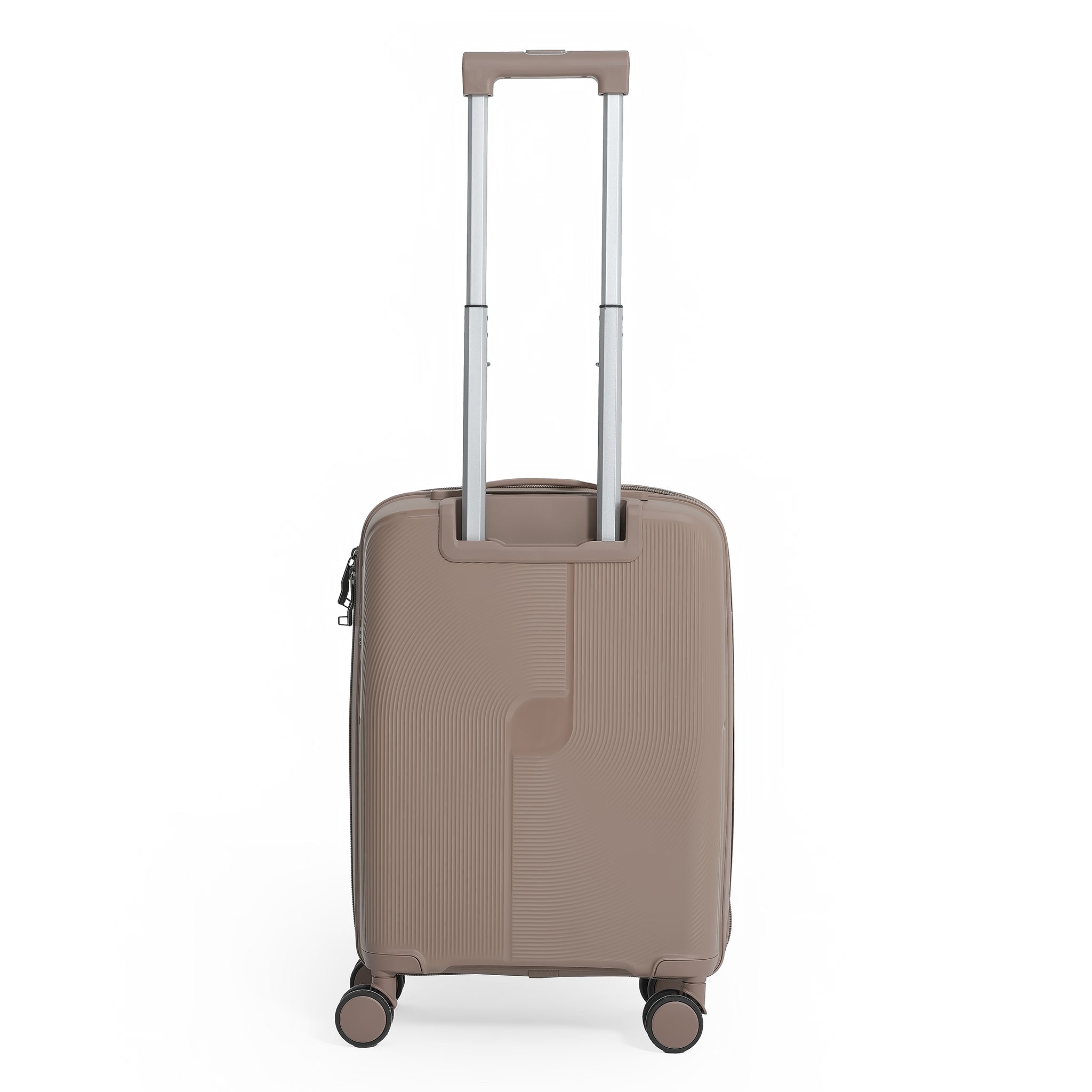 Beige suitcase with a handle on a white background