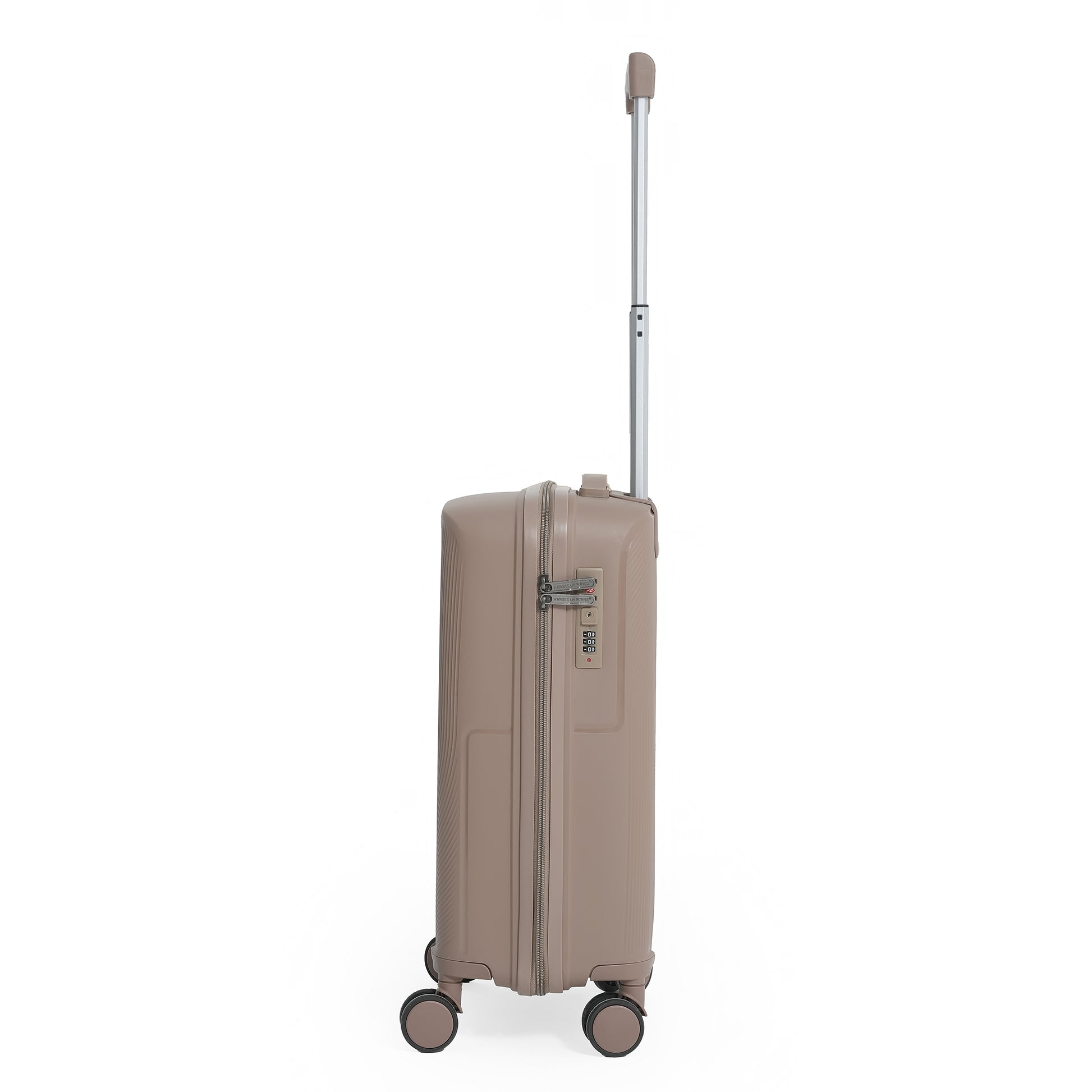 Beige suitcase with wheels and a handle on a white background