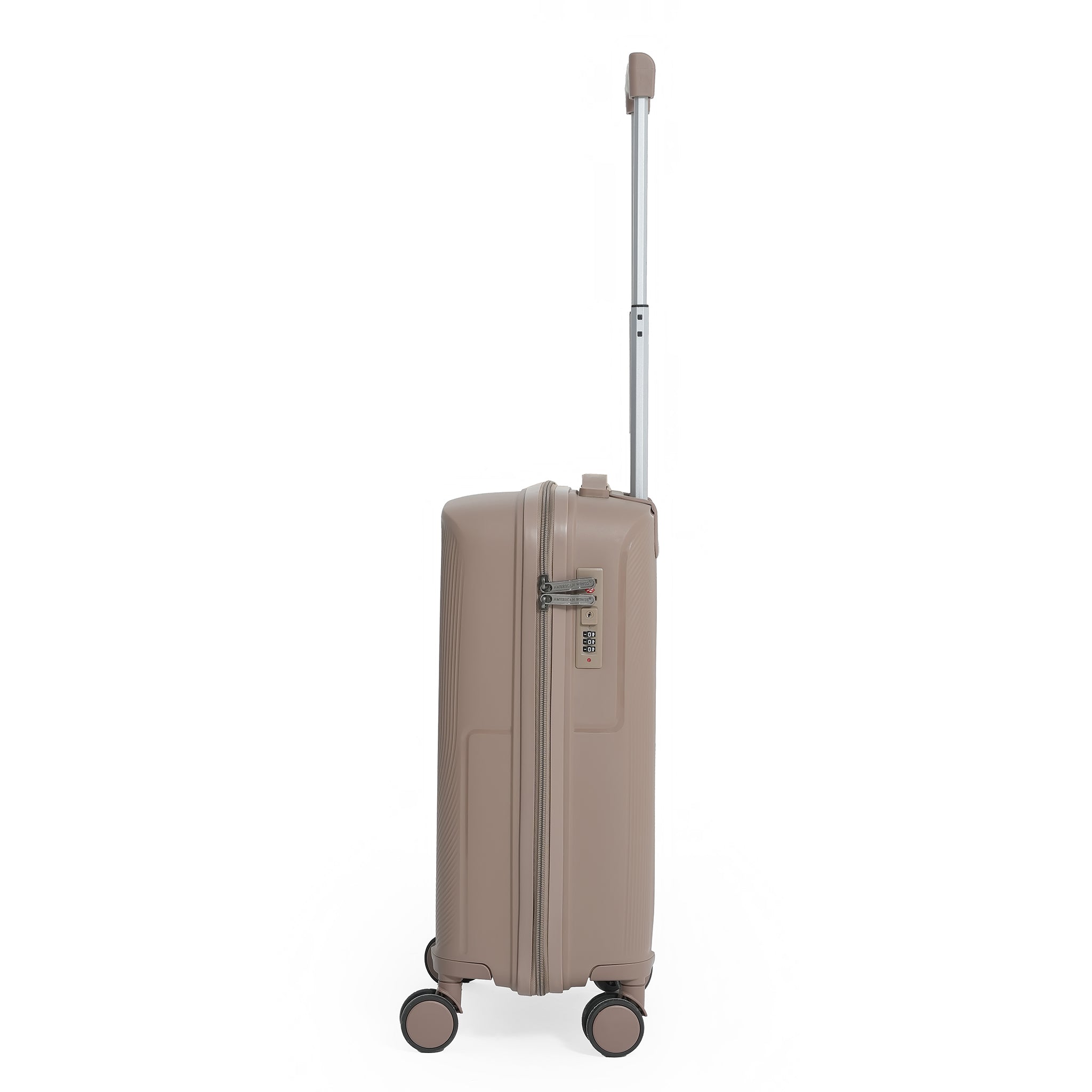 Beige suitcase with wheels and a handle on a white background