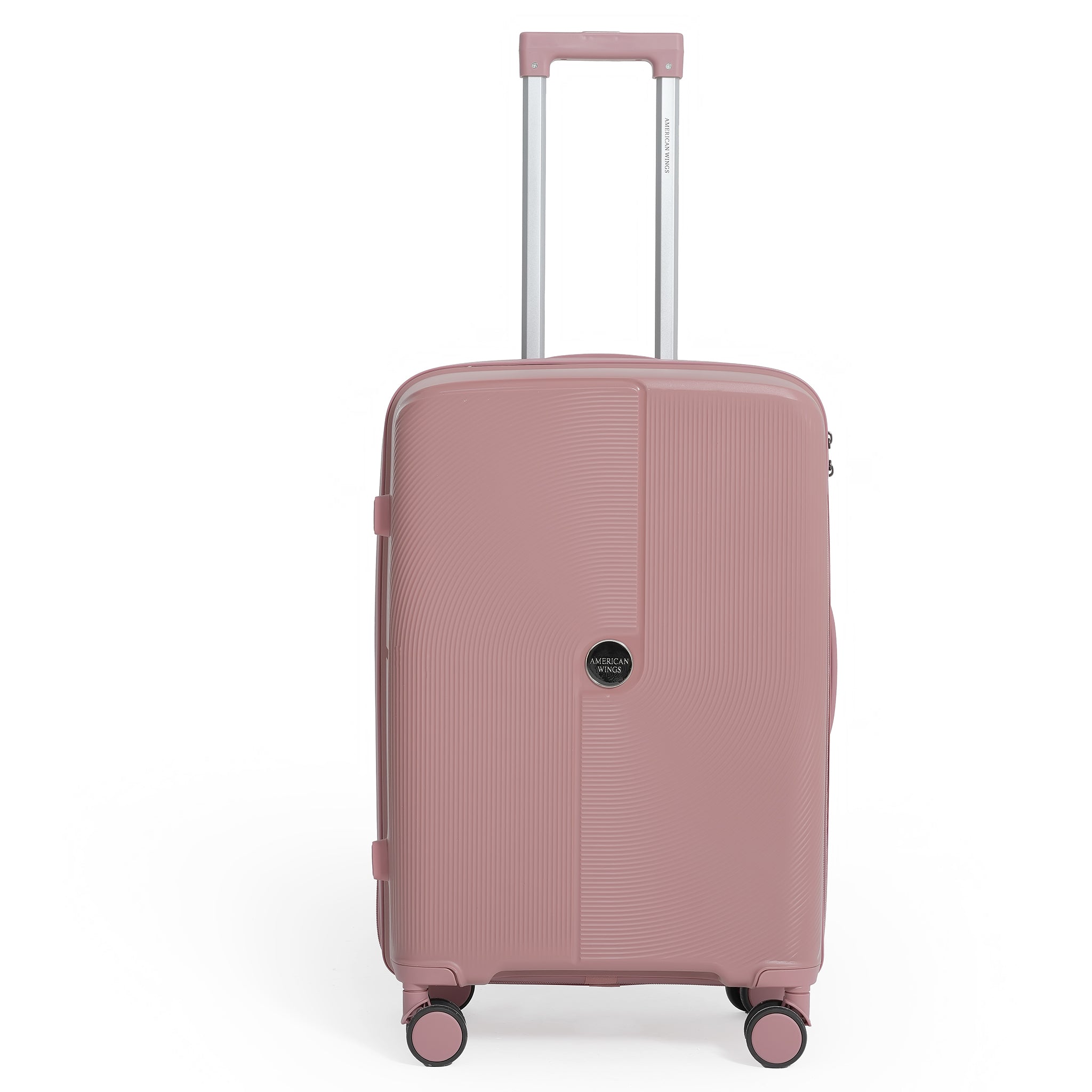 Pink suitcase with a handle on a white background