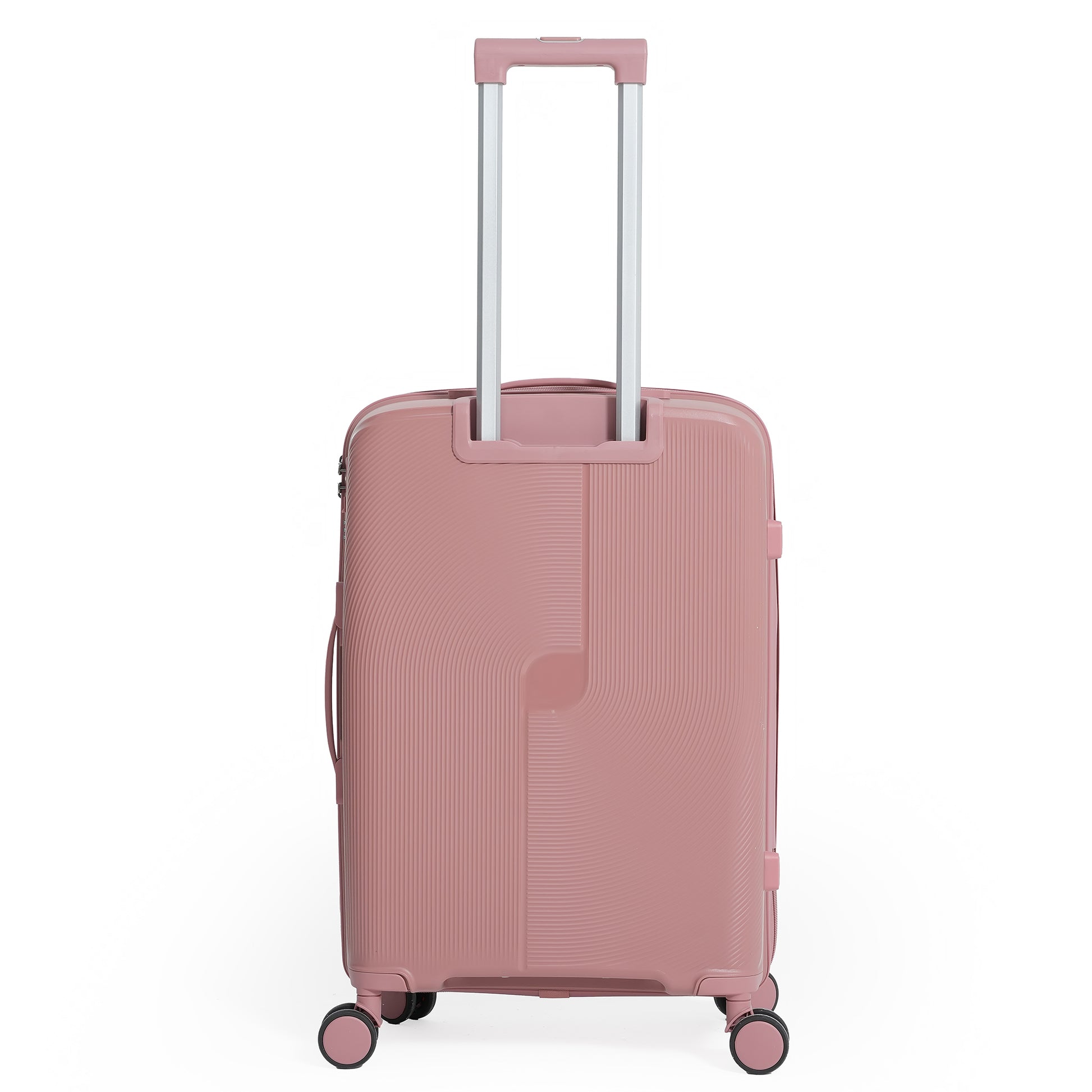 Pink suitcase with a textured surface on a white background