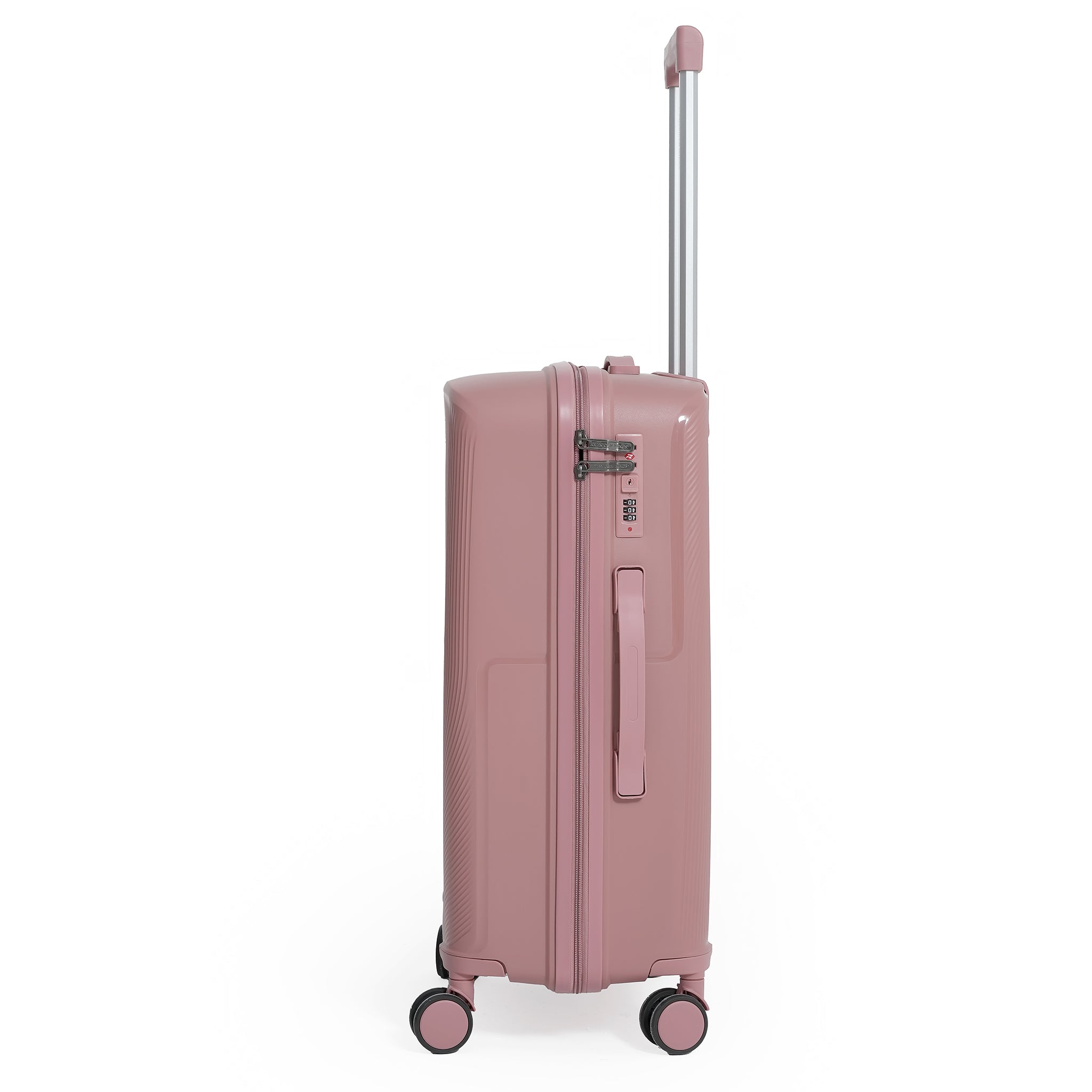 Pink suitcase with a handle and wheels on a white background