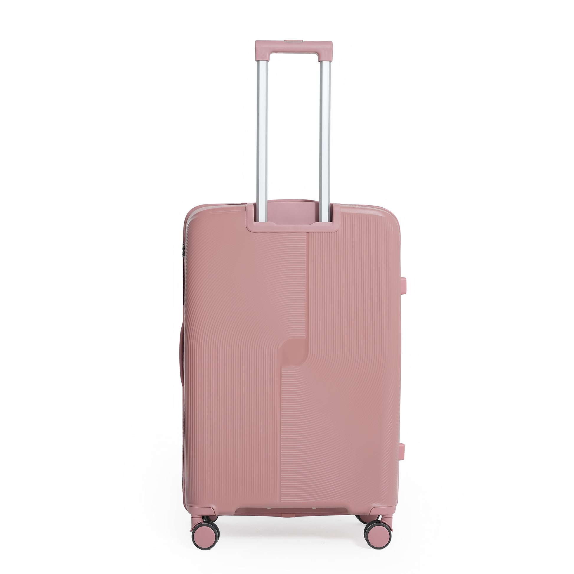 Pink suitcase with a textured surface on a white background