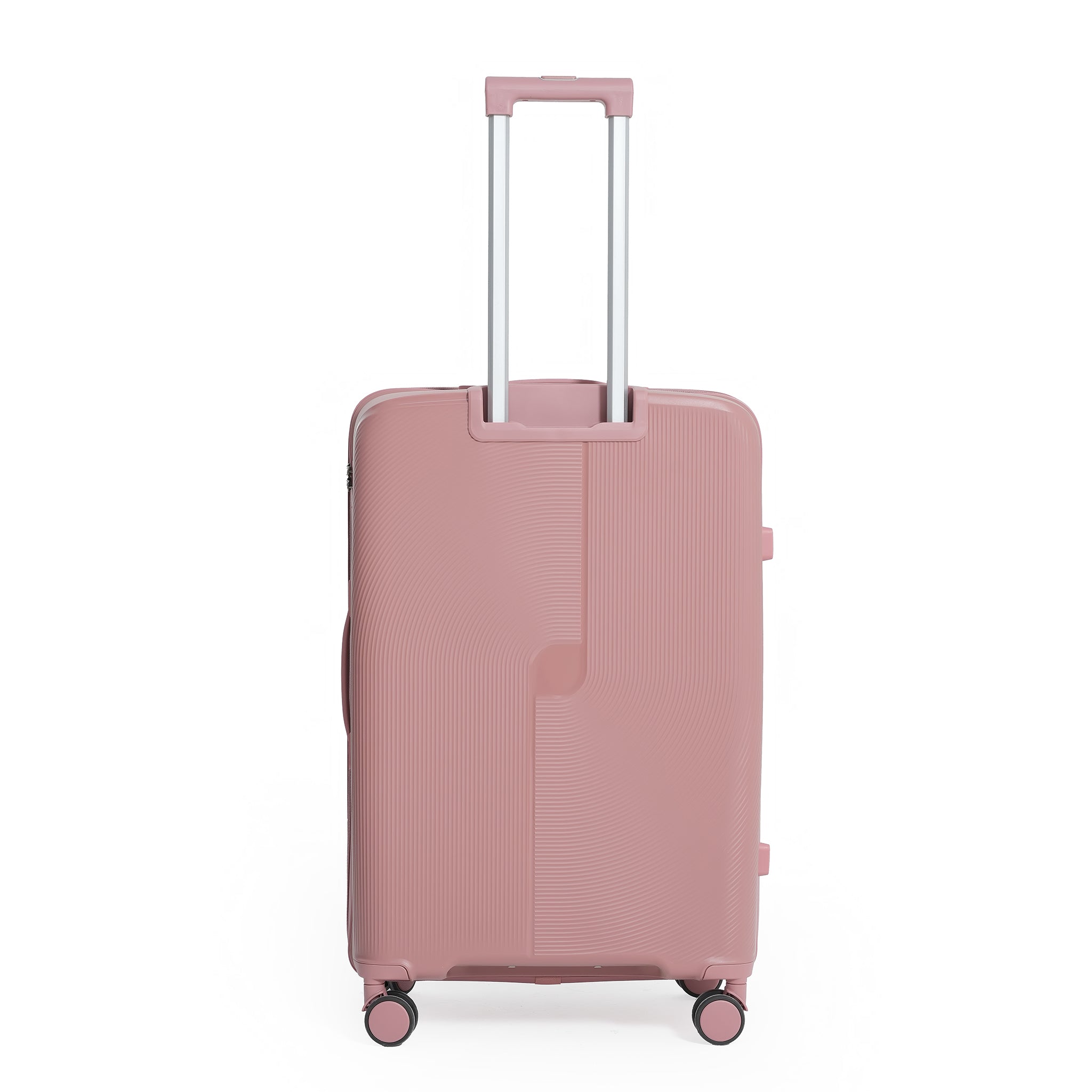 Pink suitcase with a textured surface on a white background