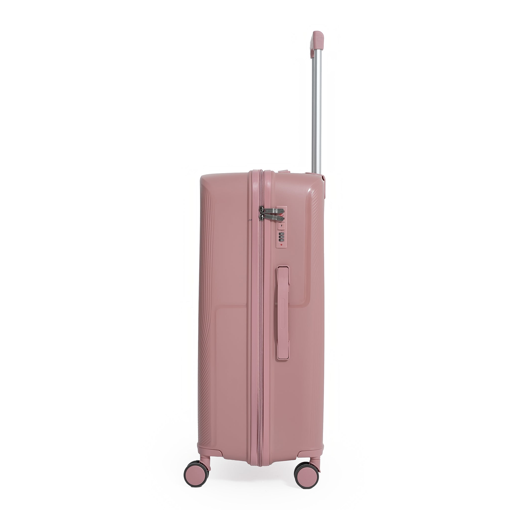 Pink suitcase with a handle and wheels on a white background