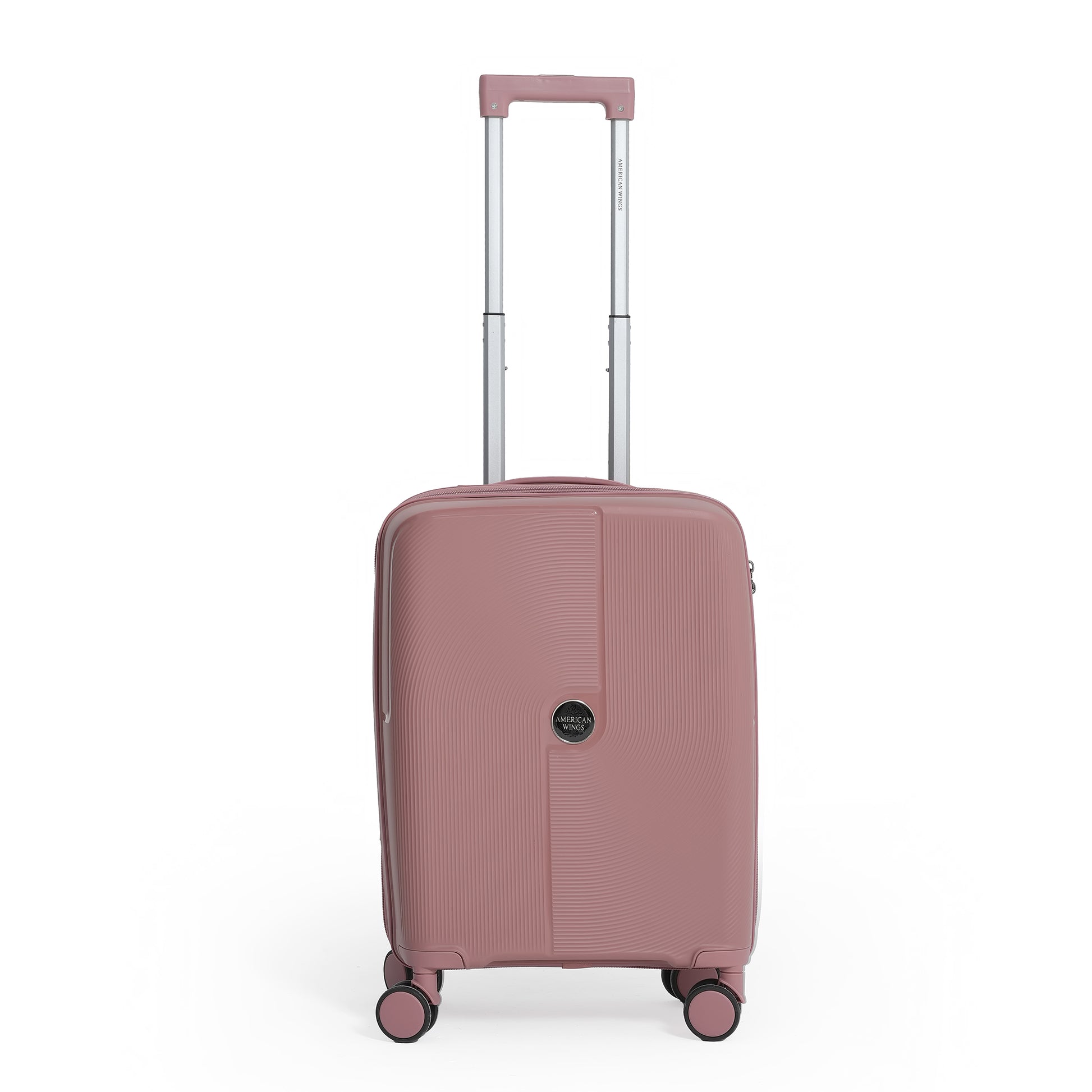 Pink suitcase with a visible brand logo on a white background