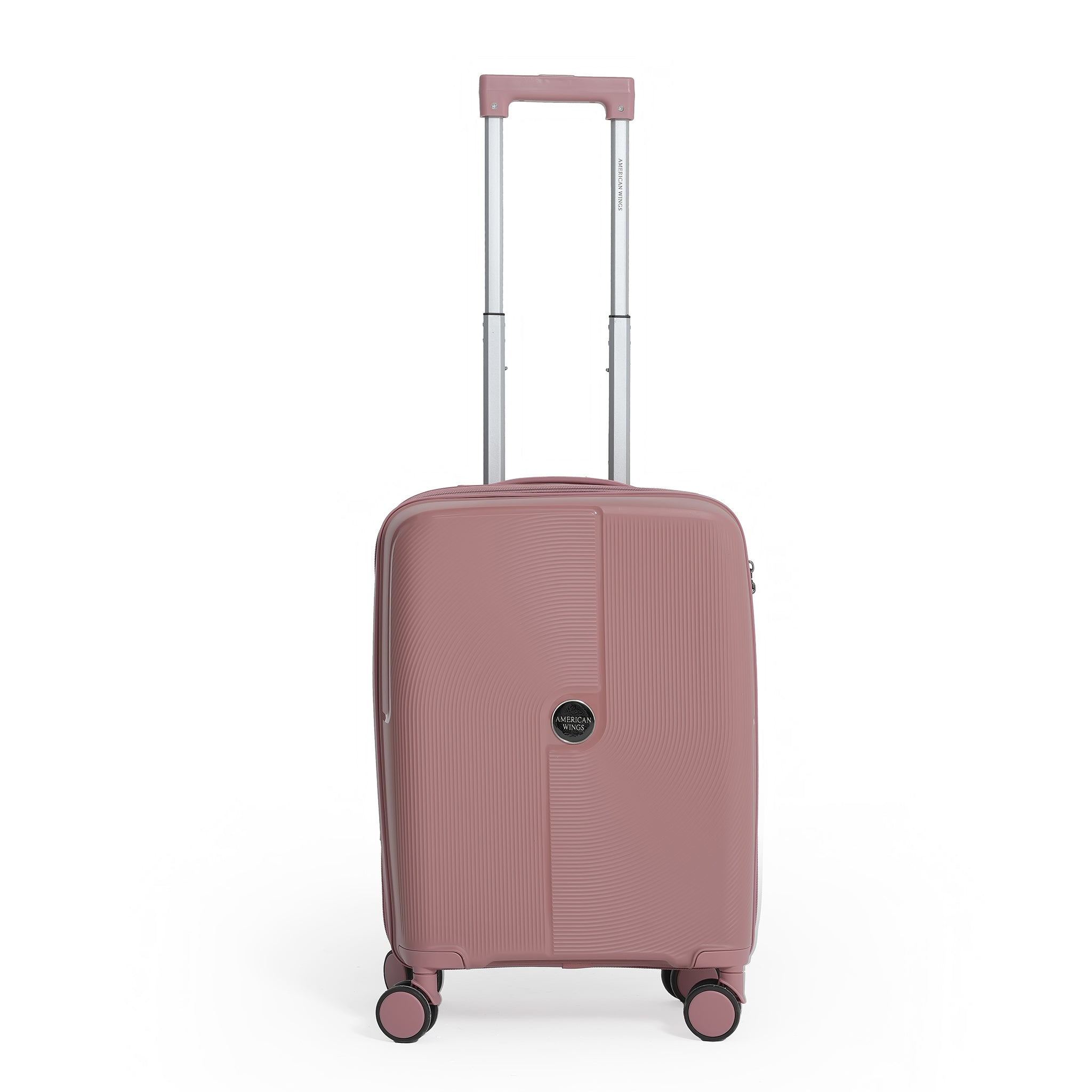 Pink suitcase with a visible brand logo on a white background