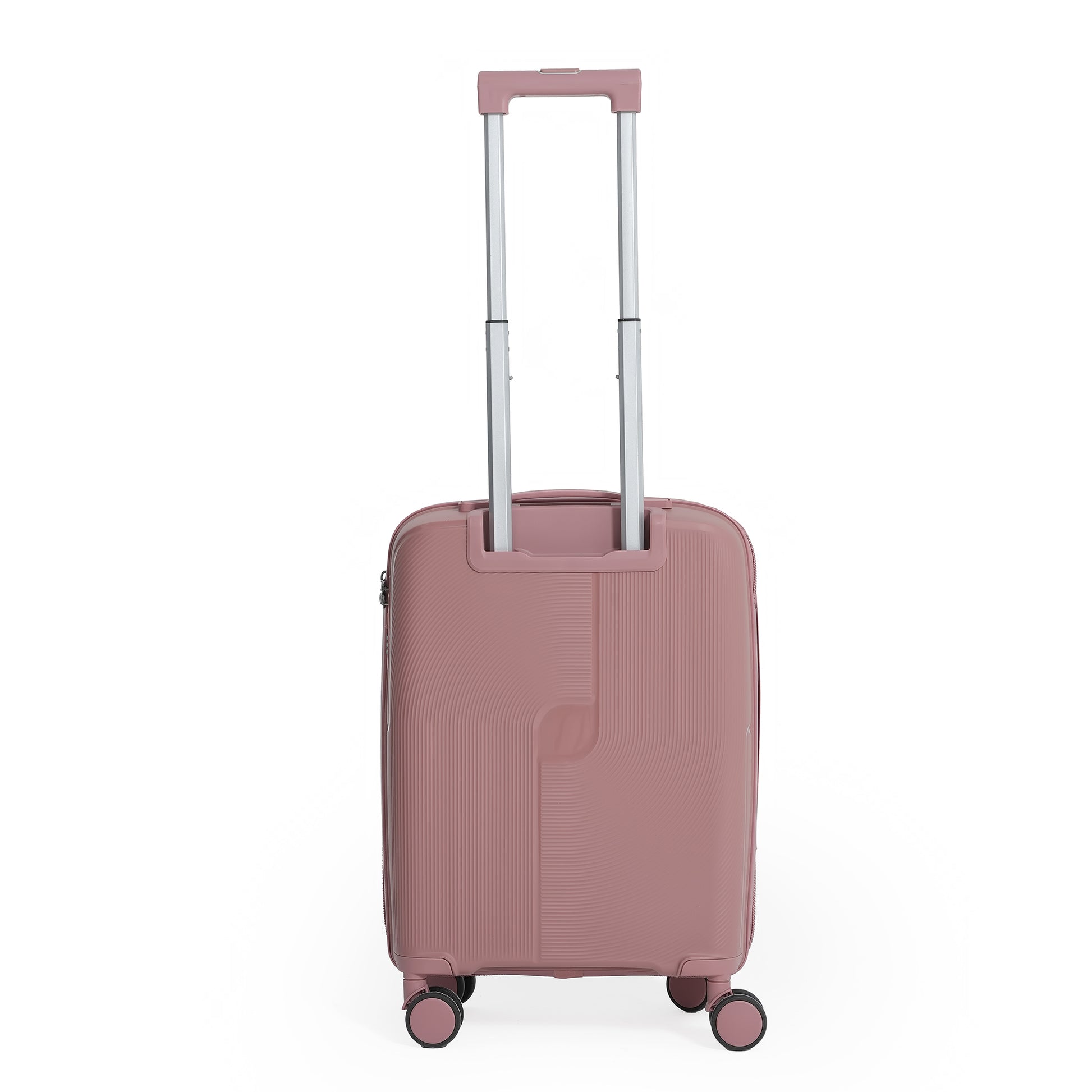 Pink suitcase with a textured surface on a white background