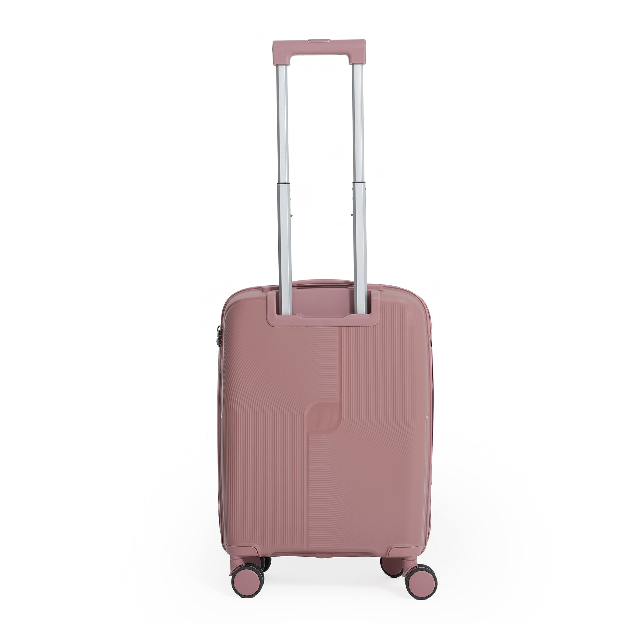 Pink suitcase with a textured surface on a white background