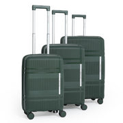 Three green suitcases of different sizes on a white background