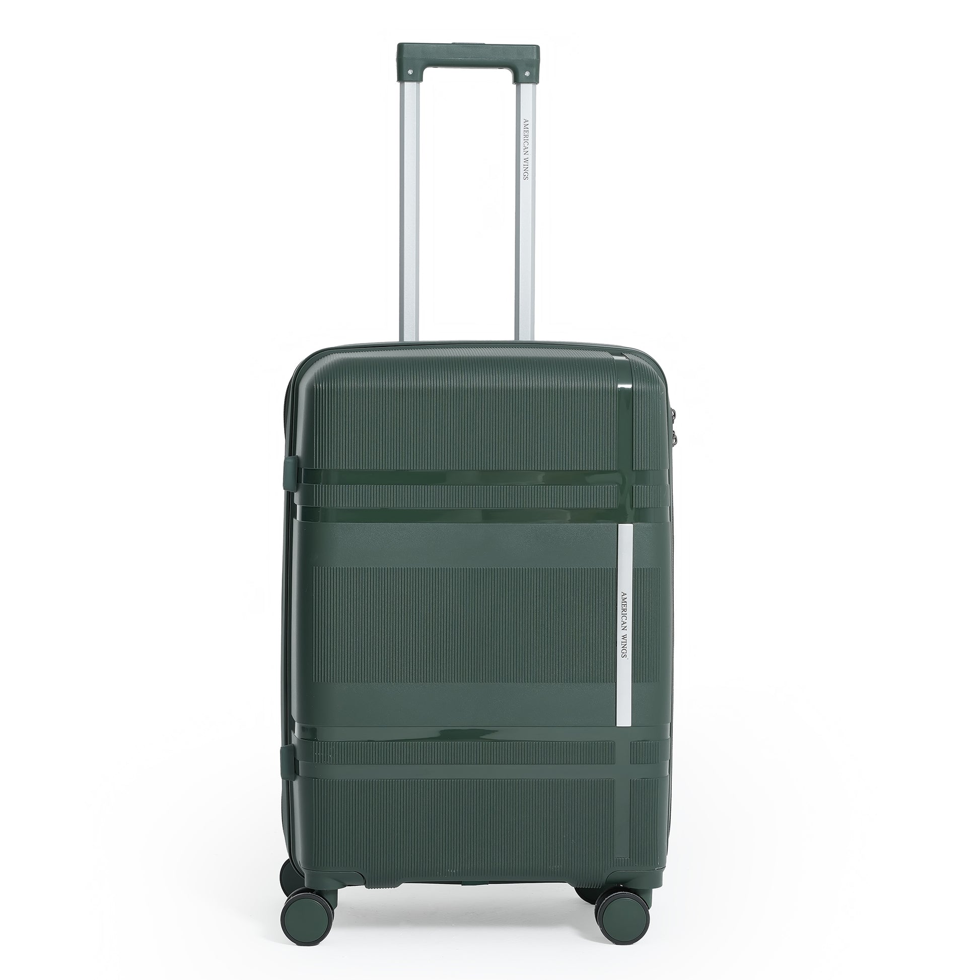 Green suitcase with wheels on a white background