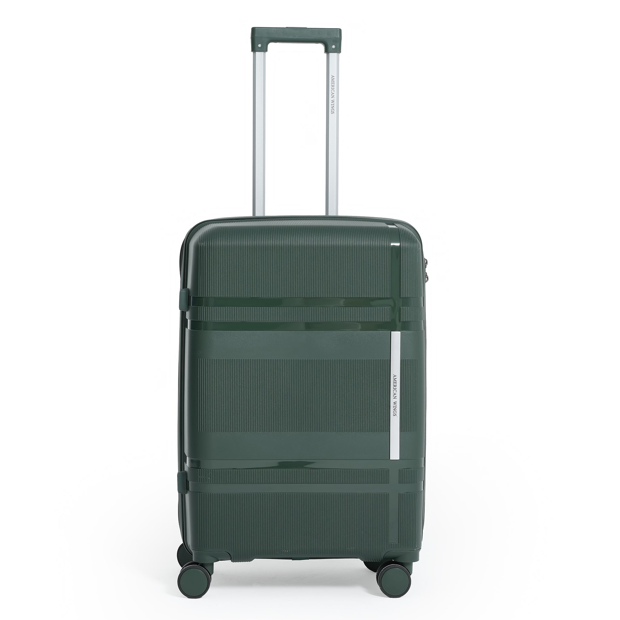 Green suitcase with wheels on a white background