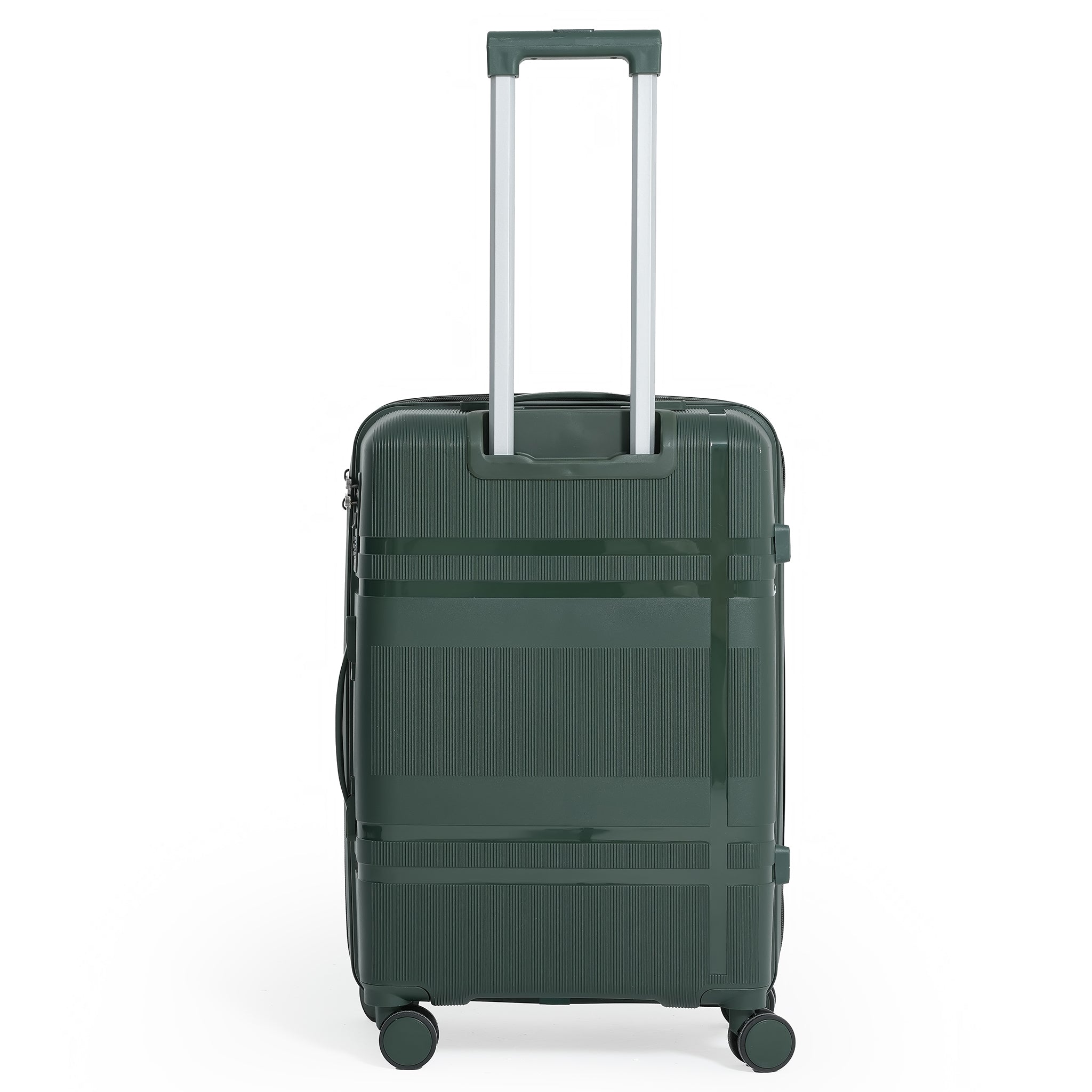 Green suitcase with a silver handle on a white background