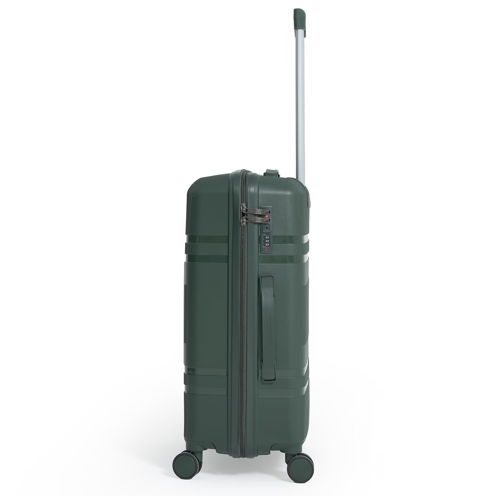 Green suitcase with a handle and wheels on a white background
