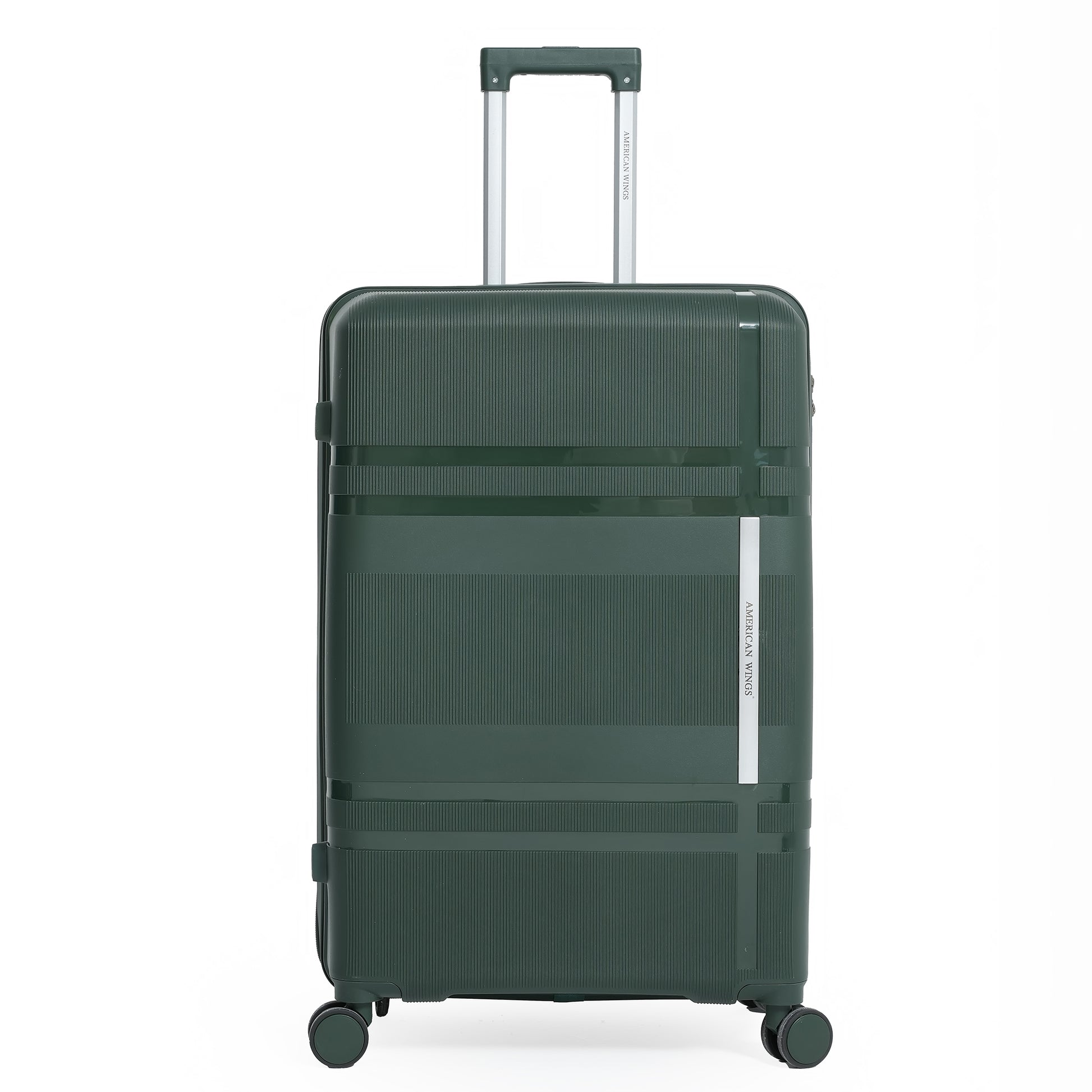 Green suitcase with a handle on a white background