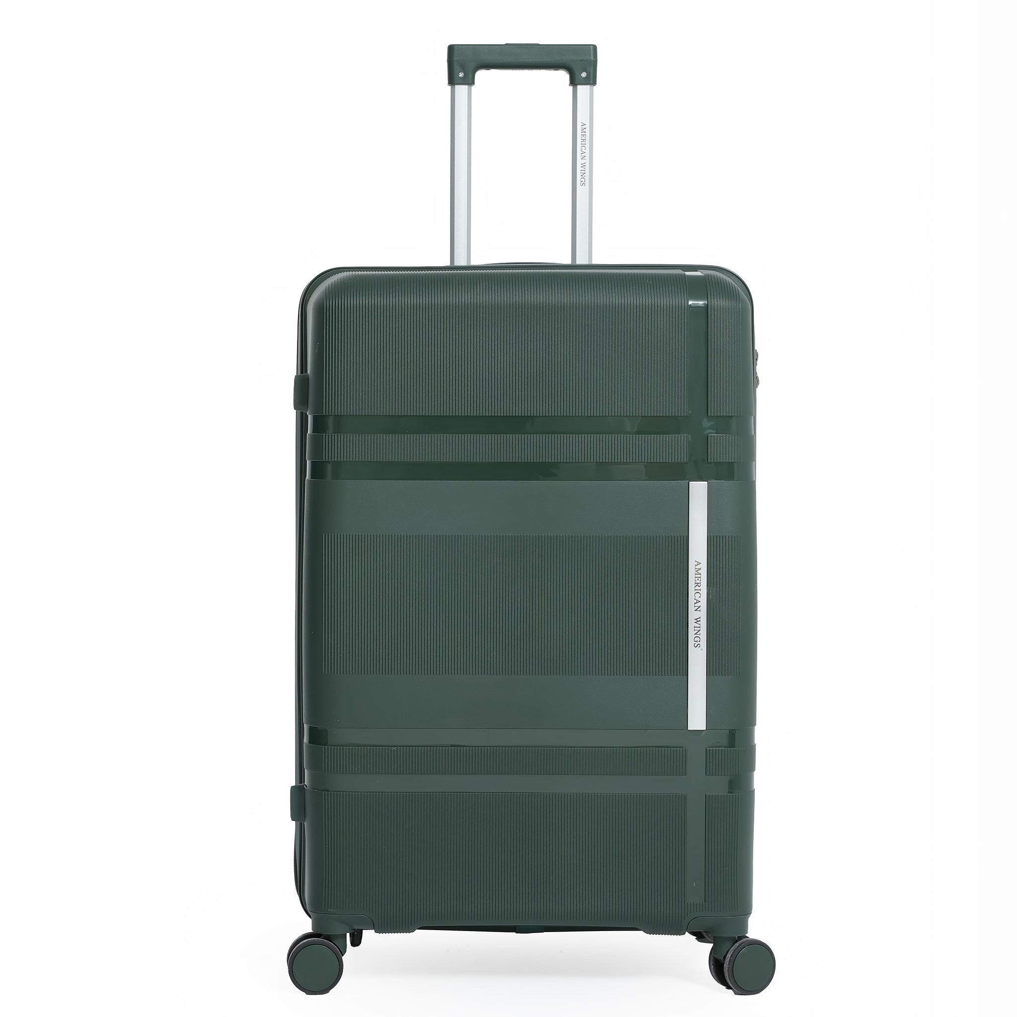 Green suitcase with a handle on a white background