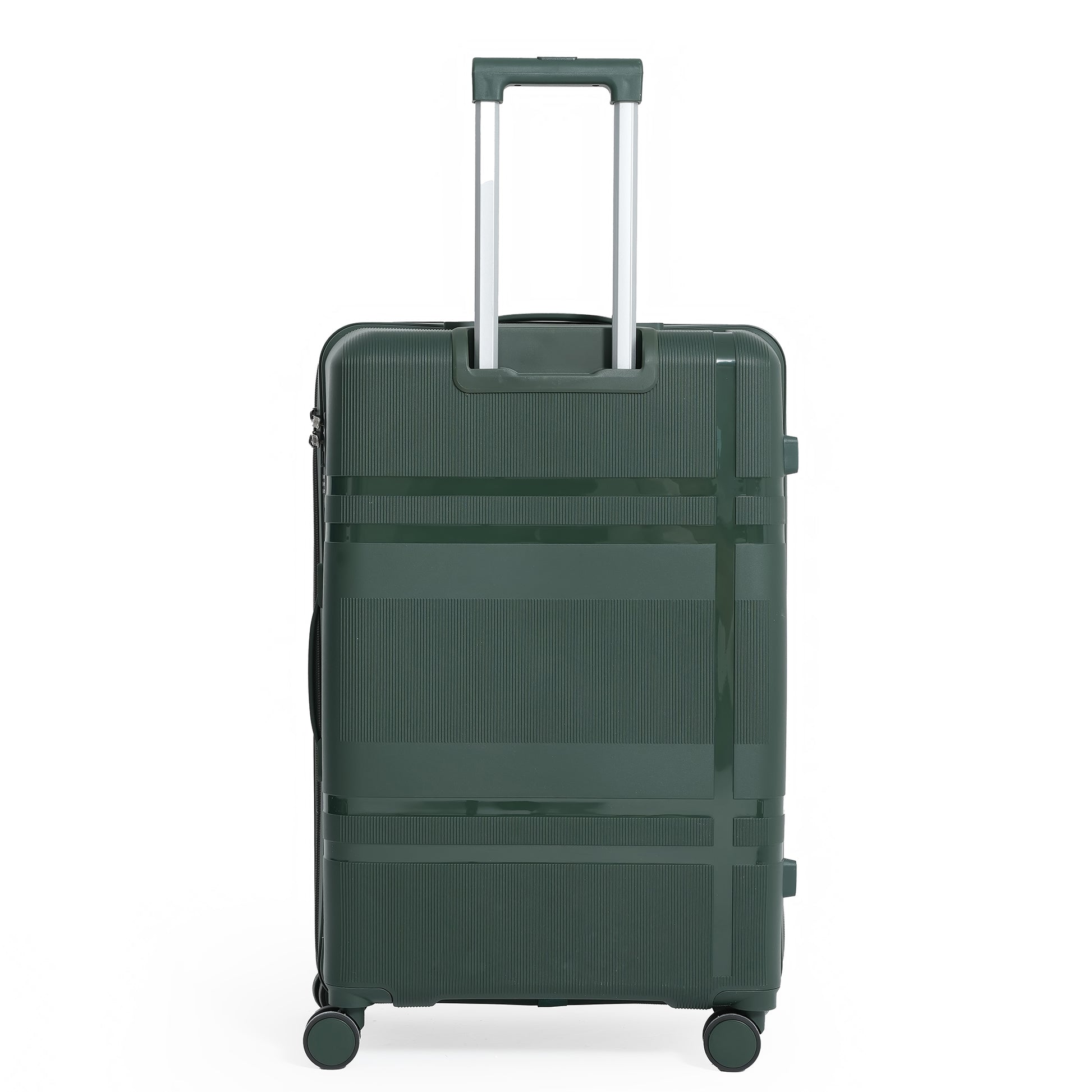 Green suitcase with wheels and a handle on a white background