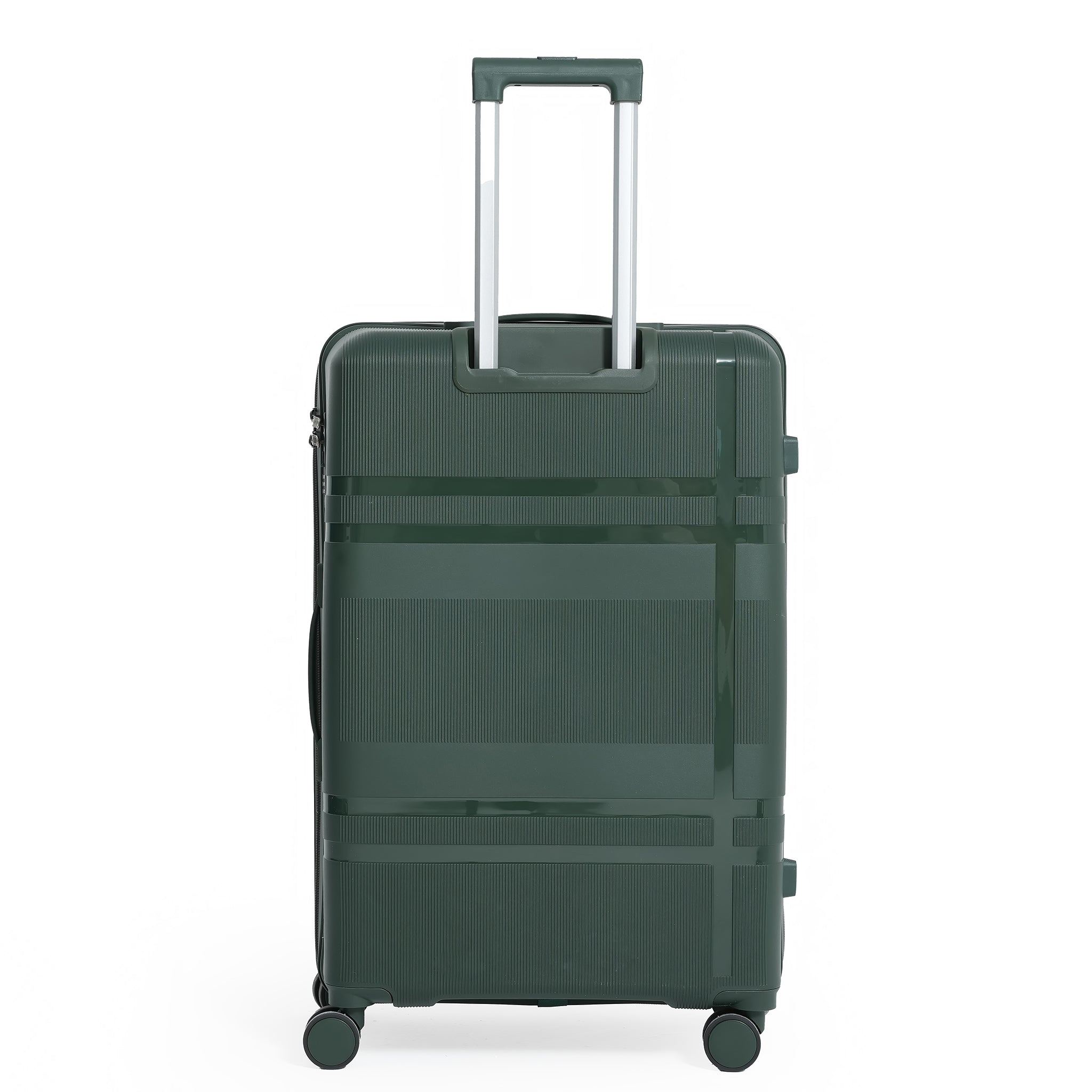 Green suitcase with wheels and a handle on a white background